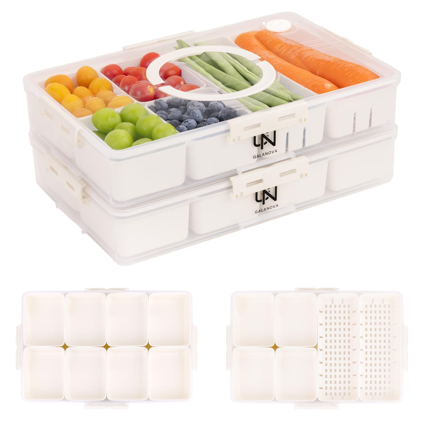 Stackable Snackle Box Container with 2 Lids, 14 Compartments - BPA-Free Snackle box Organizer, Dishwasher & Microwave Safe Reusable Snacklebox for Veggies, Fruits, Charcuterie, Snacks (White, 2 Pack)