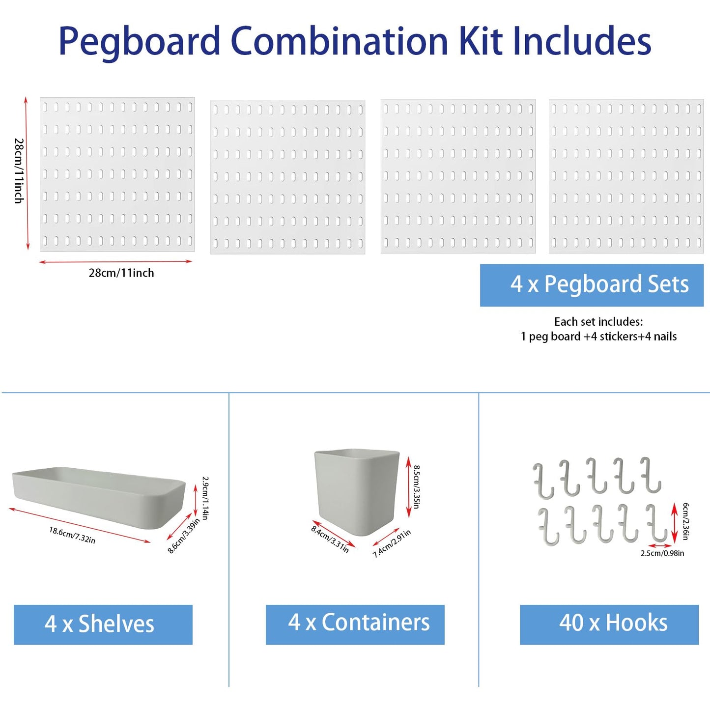 bizxdev Pegboard Wall Organizer Combination Kit,4 Pegboards with 48 Accessories For Kitchen, Bedroom, Bathroom, Game, and Office Storage. Nail-Free Installation（White 22” x 22”）