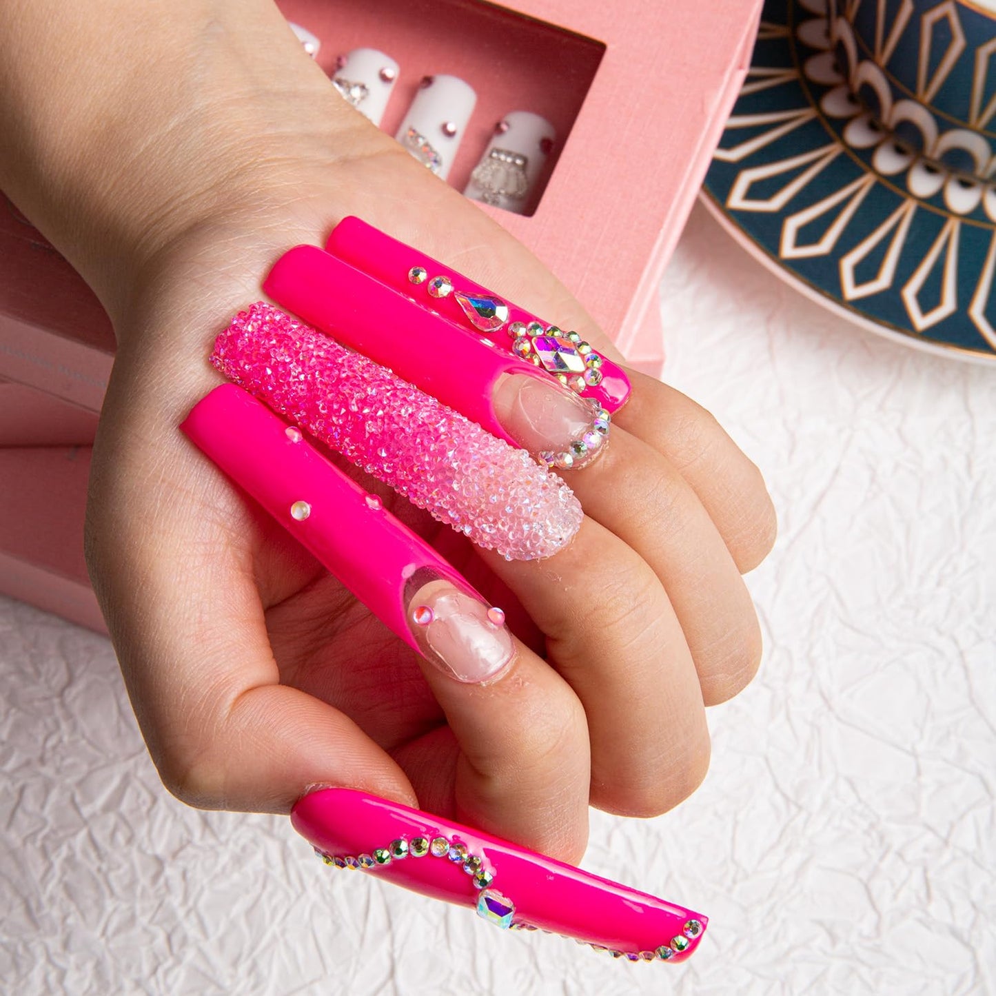 LOVFUL Press on Nails Pink Typhoon Square | Glitter Pink Fake Nails | Princess Nails | Stick on Nails | Square Long 2.2 in | H38 (M)