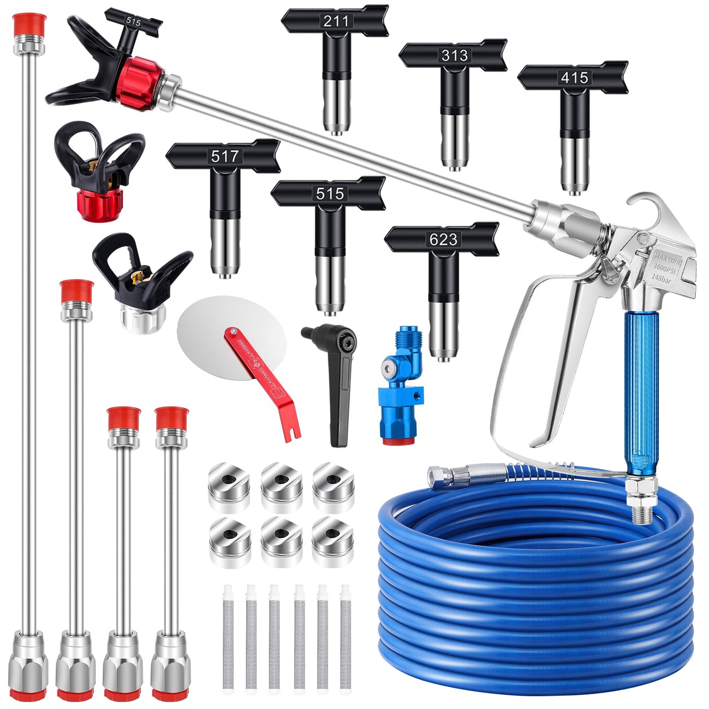 Gyfent 22Pcs Airless Paint Sprayer Gun Kit, 3600PSI Spray Gun with 50Ft x 1/4“ NPT Airless Paint Sprayer Hose & 6Pcs Reversible Spray Tips & Guide Tool & 4Pcs Extension Wand & 6Pcs Filters