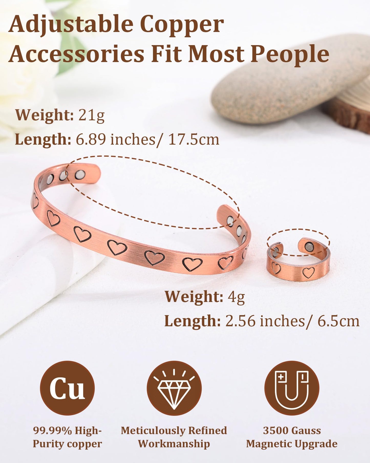 BioMag Heart Design Magnetic Copper Bracelet & Lymphatic Drainage Ring for Women Men, 99.99% Pure Copper Cuff Bangle & Ring, Adjustable Size