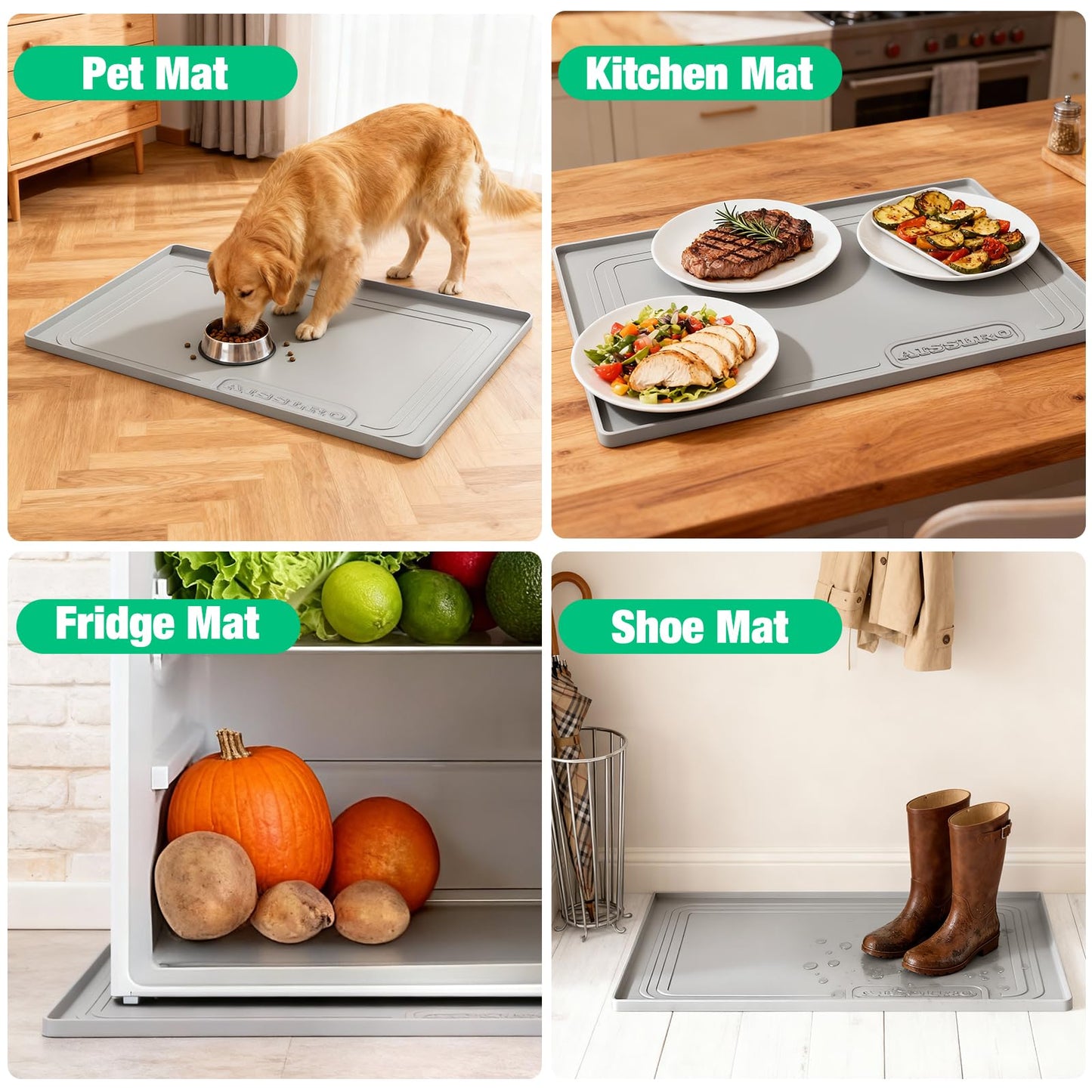 Aisslro Under Sink Mat 22" X 19", Waterproof Silicone Cabinet Organizer Protector with Raised Edge, Kitchen & Bathroom Leak Tray, Shelf Liner & Pet Feeding Mat for Dog Cat Food Mats, Gray
