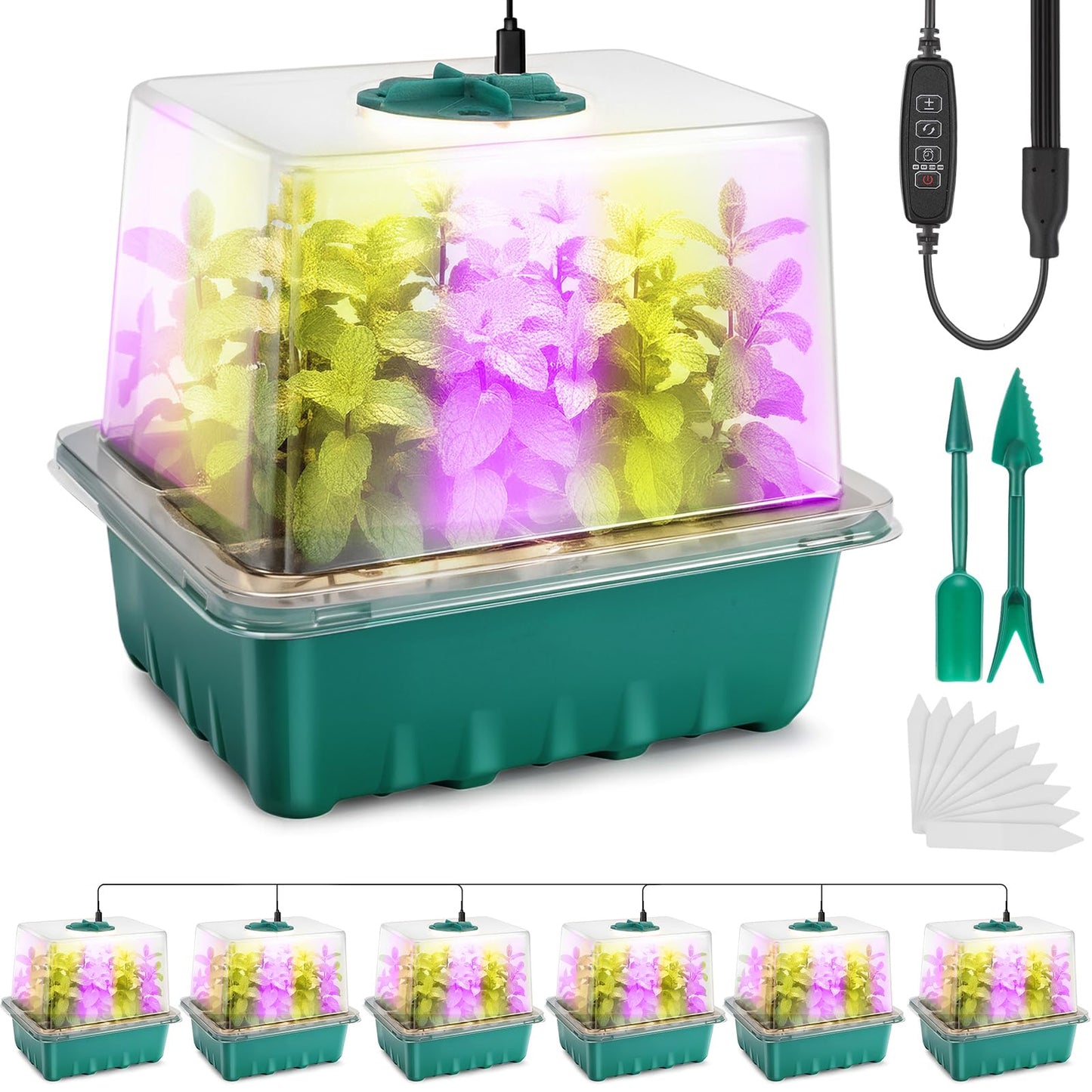 Seed Starter Tray with Grow Light, 6pcs Seed Starter Kits with Light and Humidity Domes, Timing Controller & Adjustable Brightness & 3 Light Mode, Indoor Seedling Starter Plant Germination Trays