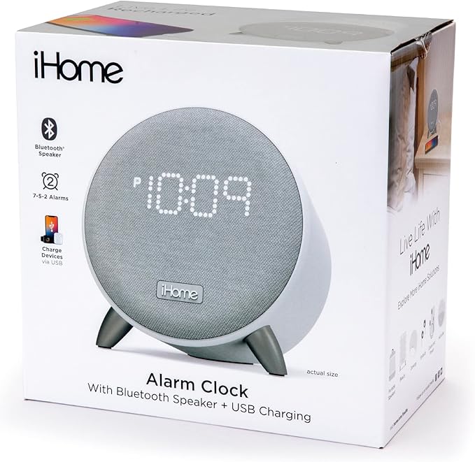 iHome Bluetooth Alarm Clock with 5W USB Charger, Dimmable LED Clock Display and Dual Alarms, Ideal for Bedroom, Home Office and Dorm Room