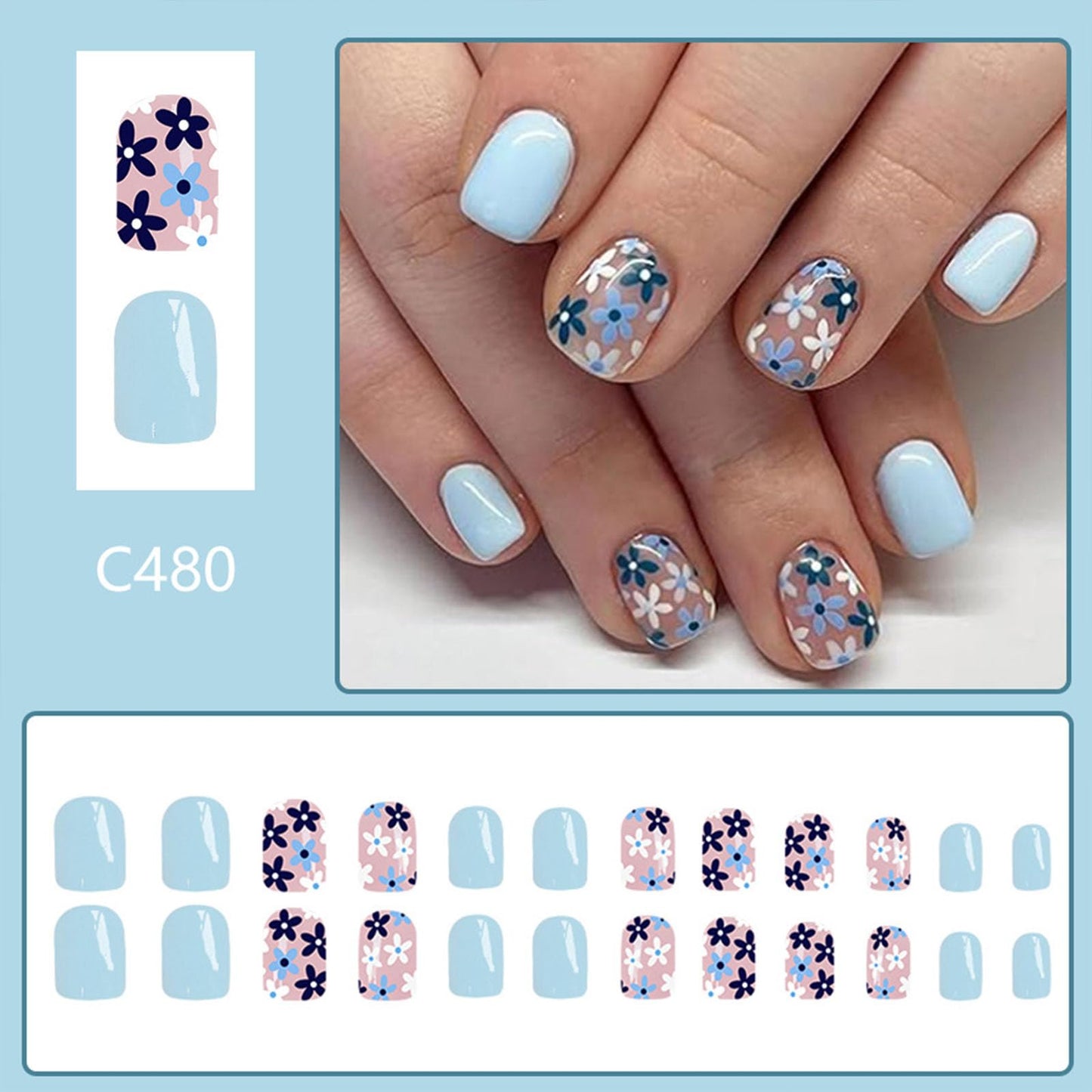 Short Fake Nails Square Press Ons Full Cover False Nails with Light Blue Flower Designs Acrylic Press Ons Artificial Glossy Stick Ons Reusable Glue Ons for Women 24 Pcs