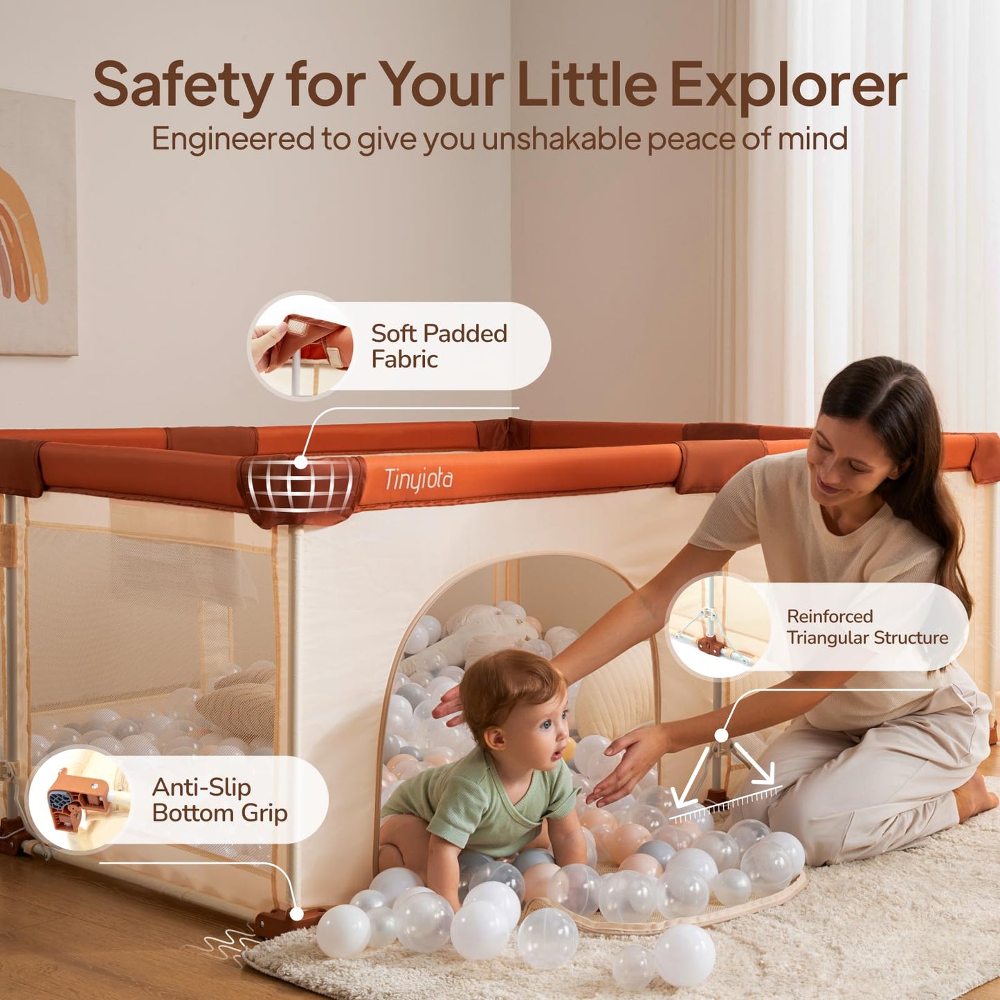 Tinyiota Foldable Baby Playpen, 50x50 Inch Portable Play Yard for Babies and Toddlers with Soft Breathable Mesh, Storage Bag & 2 Pull-Toy Handles for Indoor & Outdoor (Brown, 50x50)