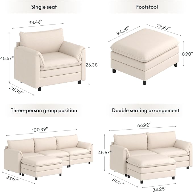 FLEXISPOT SF6 Modular Sectional Sofa with Storage Ottoman, 3-Seater L-Shaped Cloud Sectional Couch, 100.4" Wide Comfy Upholstered Sofa Couch for Living Room Apartment, Chenille White