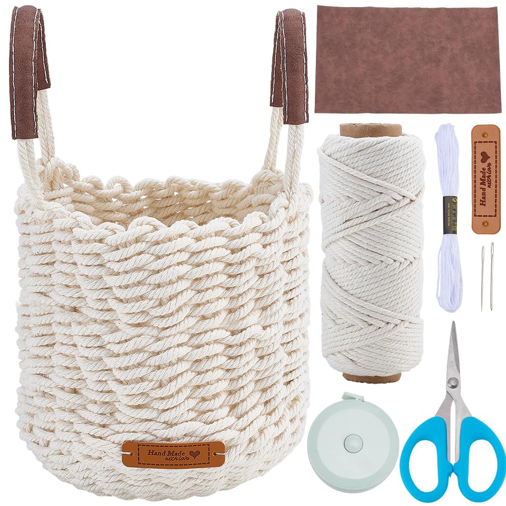 FREEBLOSS Macrame Basket Kit DIY Macrame Kit for Beginners with Instruction White Cotton Cord Basket Weaving Craft Supplies for Holiday Activities Desktop Storage