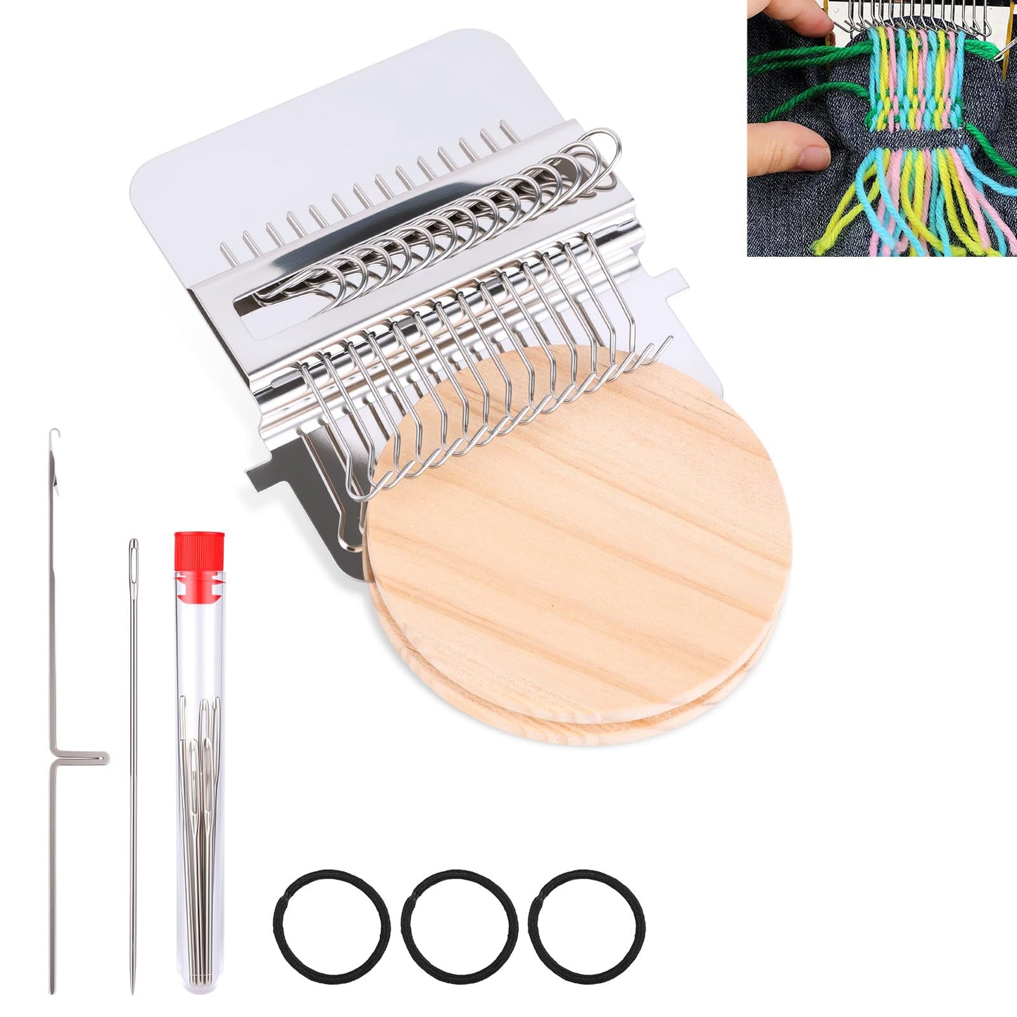 Mini Darning Looms Kit for Beginners, 14-Hook Wooden Weaving Tool with Stainless Steel Needles, Portable Knit Patch Repair Kit for Jeans Clothes Tapestries Scarves