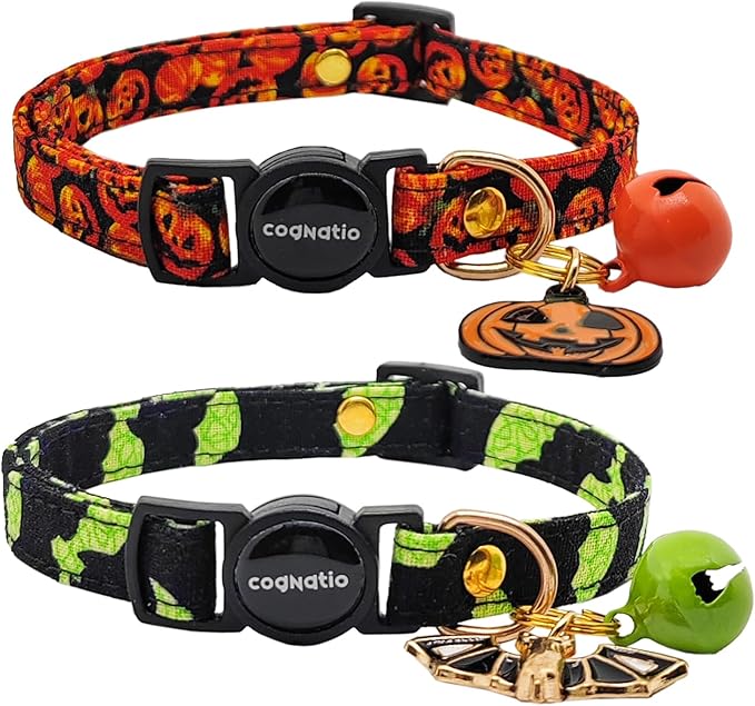 2 Pack Cotton Breakaway cat Collars with Bell,Safety Quick Release Pendant Cute Kitten Collar,Adjustable 20-30cm (Halloween2, 20-30cm)