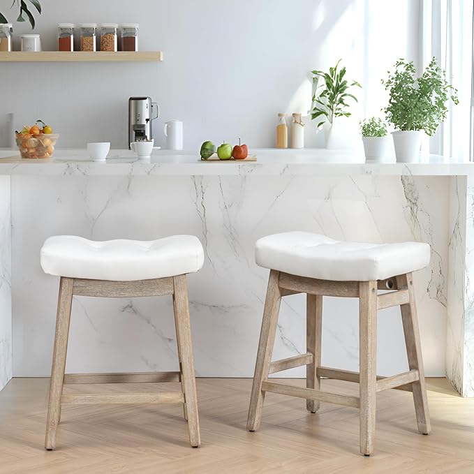 Counter Height White Bar Stools Set of 2 for Kitchen Counter Farmhouse Modern Barstools with Faux Leather Upholstered Backless Seat and Solid Wood Legs 24 inch Bar Chairs, White + Wood Color
