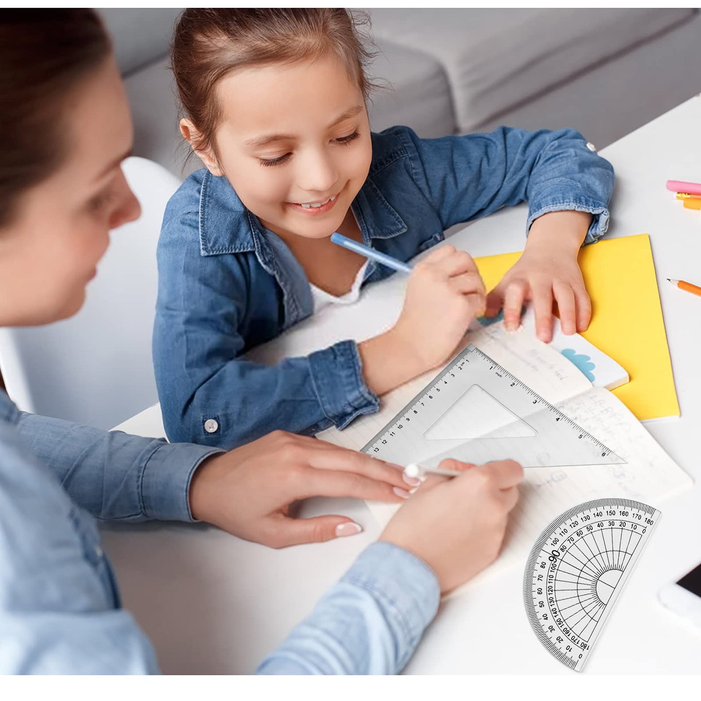 Coopay 12 Inch Math Geometry Tool Plastic Ruler Square Set Includes Straight Ruler, Triangles, Protractor for Student School Office Supplies (Clear)