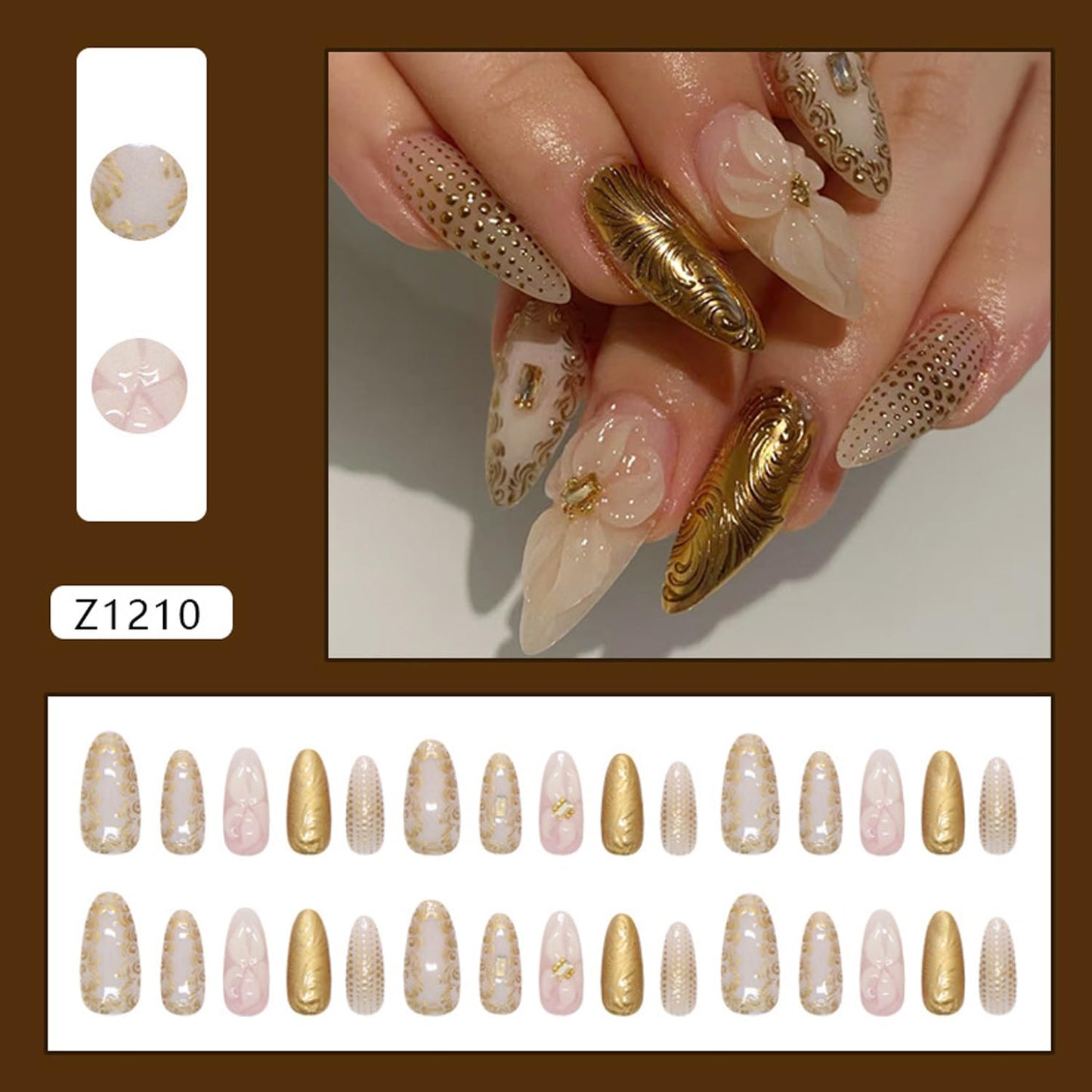 30Pc White Flower Press on Nails Medium Almond Fake Nails with 3D Gems Designs Chrome Gold False Nails Irregular Gilded Lines Full Cover Gold Polka Dots Glossy Gel Artificial Stick on Nails for Women