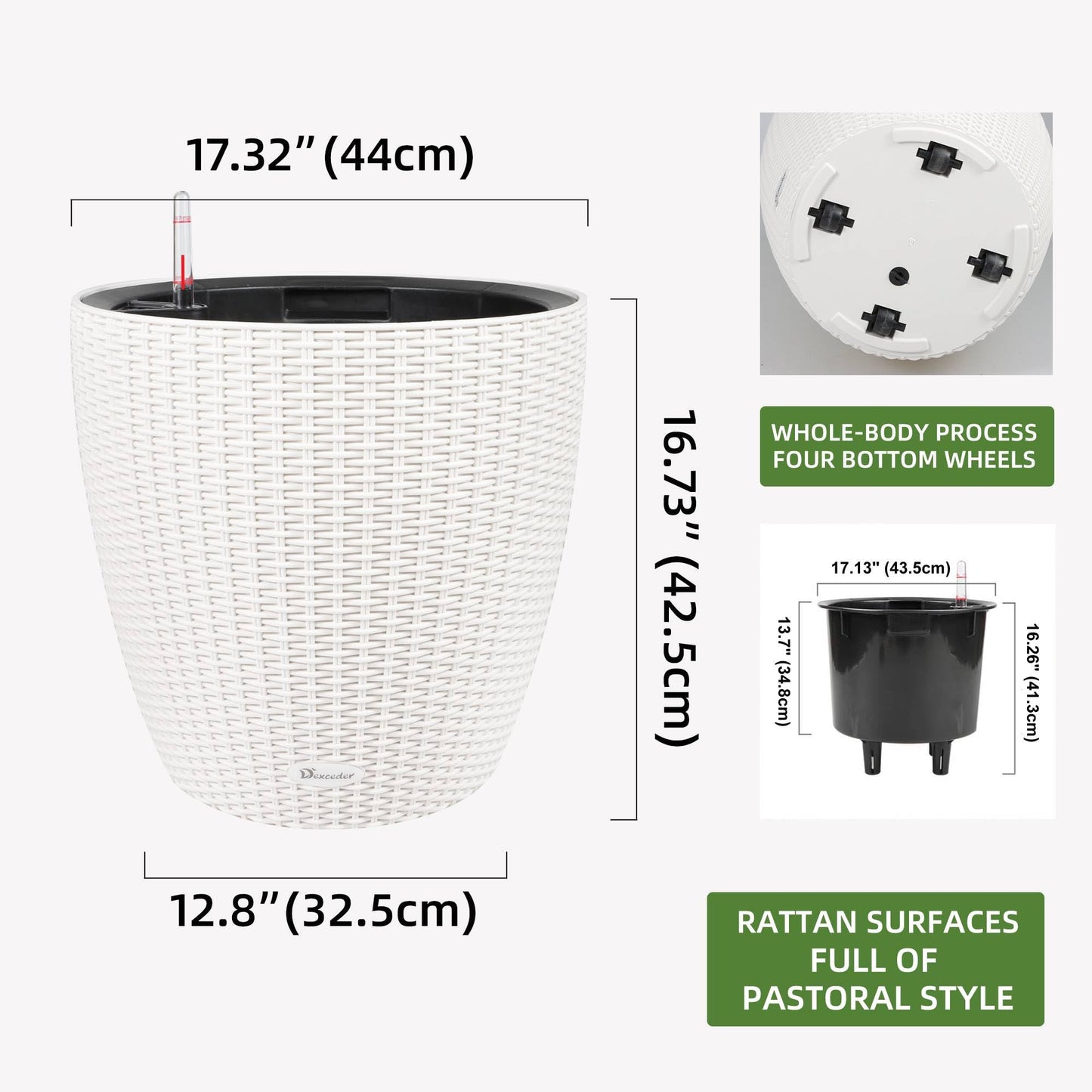 Dexceder 18x17 Inches Rattan Self Watering Planter Indoor Outdoor, Inner Pot Design, Thickened Table Flower Plant Pot with Water Level Indicator (Ivory White)