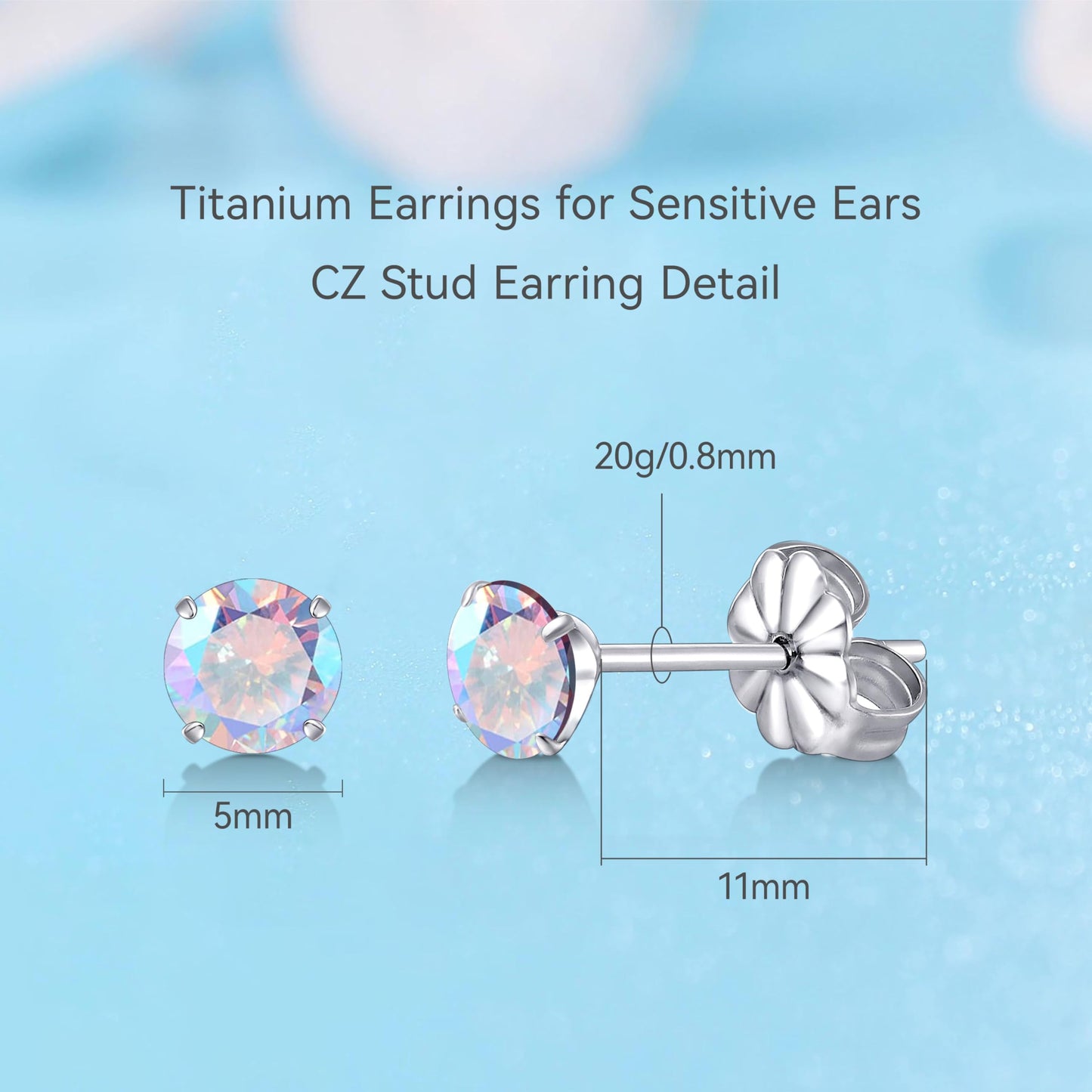 Limerencia Hypoallergenic G23 Titanium Earrings, F136 Implant Grade Pure Titanium, Suitable for Sensitive Ears with Birthstone Crystals CZ Simulated Diamonds (Aurora Borealis)