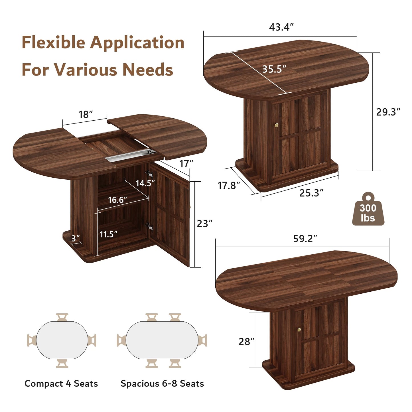 iPormis Round Dining Table for 4-6, 59'' Extendable Dining Room Kitchen Table with 2-Tier Storage Shelf, Wood Dinner Table with Door, Sturdy Pedestal Base, Space Saving, Kitchen, Dining, Walnut