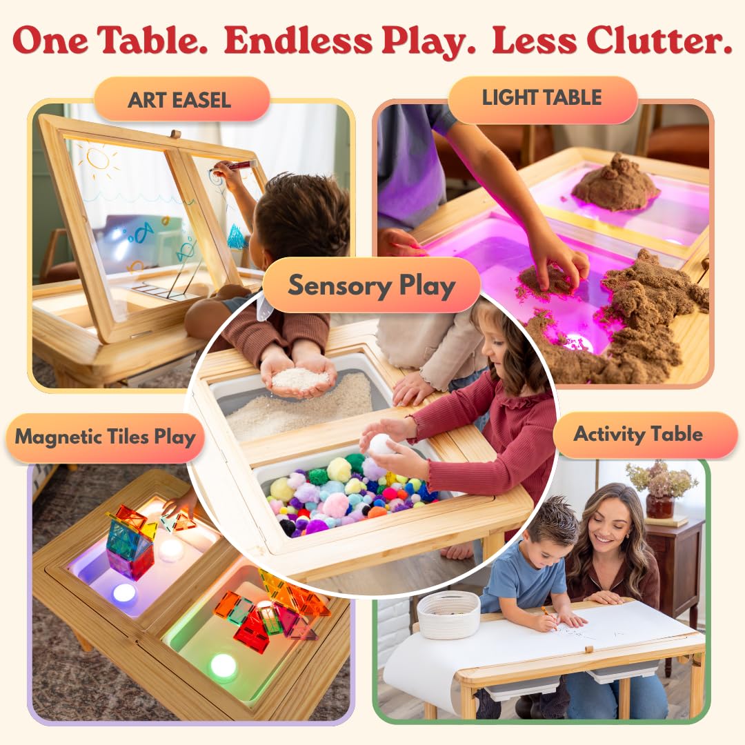 Mama Bear Educational Montessori Sensory Table & Art Easel for Kids & Toddlers | Folding Extendable Legs & Storage Bins, Magnetic Boards & Tiles, Light Box Included | Space-Saving Indoor/Outdoor Play