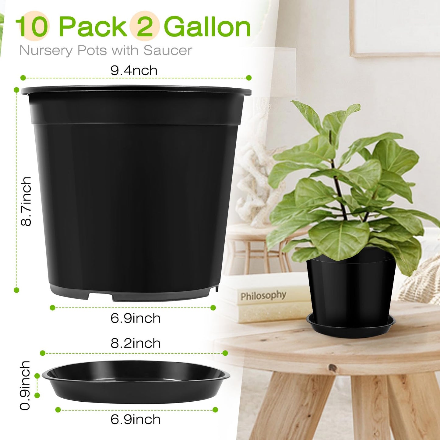 FUIJOL 2 Gallon Plastic Pots with Drip Trays, Sturdy Gallon Plant Pots with Drainage Holes, Large Plastic Planter for Flowers, Ideal for Indoor and Outdoor Use (2Gallon-10PACK)