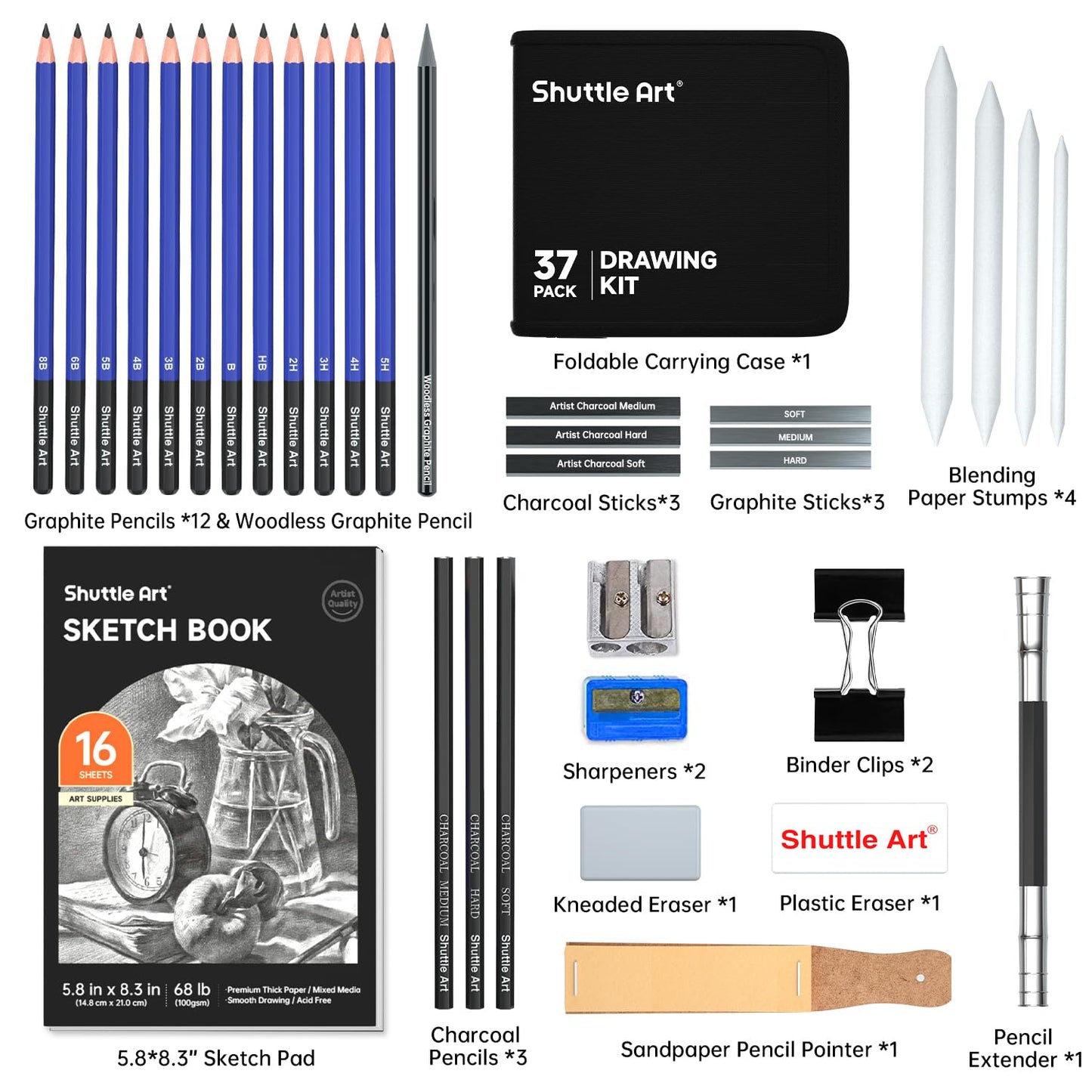 Shuttle Art Sketching and Drawing Pencils Set, 37-Piece Professional Sketch Pencils Set in Zipper Carry Case, Drawing Kit Art Supplies with Graphite Charcoal Sticks Tool Sketch book for Adults Kids