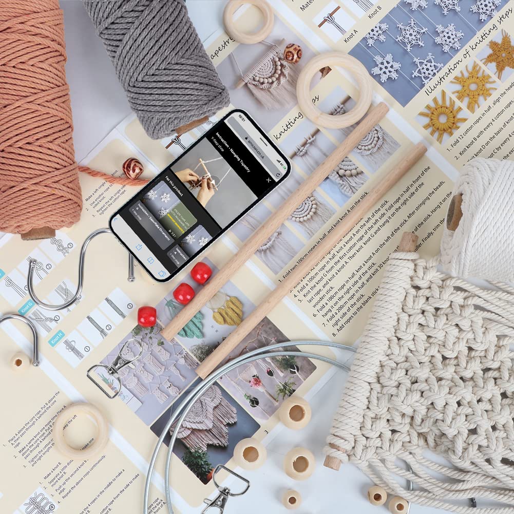 UHAPEER Macrame Kits for Adults Beginners with 656 Feet 3 mm Macrame Cotton Cord, DIY Macrame Plant Hanger Kit with Macrame Supplies and Instructions, Macrame Meads, Wooden Rings, Dream Catcher Rings