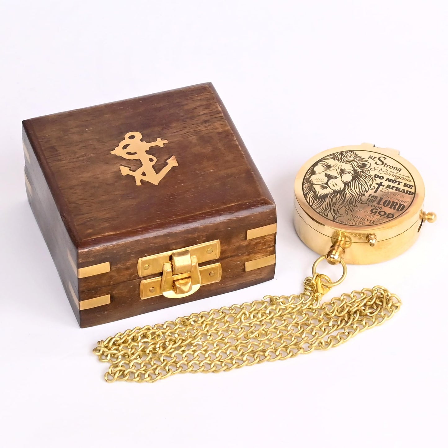 The New Antique Store - Brass Compass Engraved with Religious Scripture Verse (Joshua 1:9) - Perfect for Baptism, Confirmation, Communion - Ideal for Godson, Church, Graduation - Presented in Wood Box