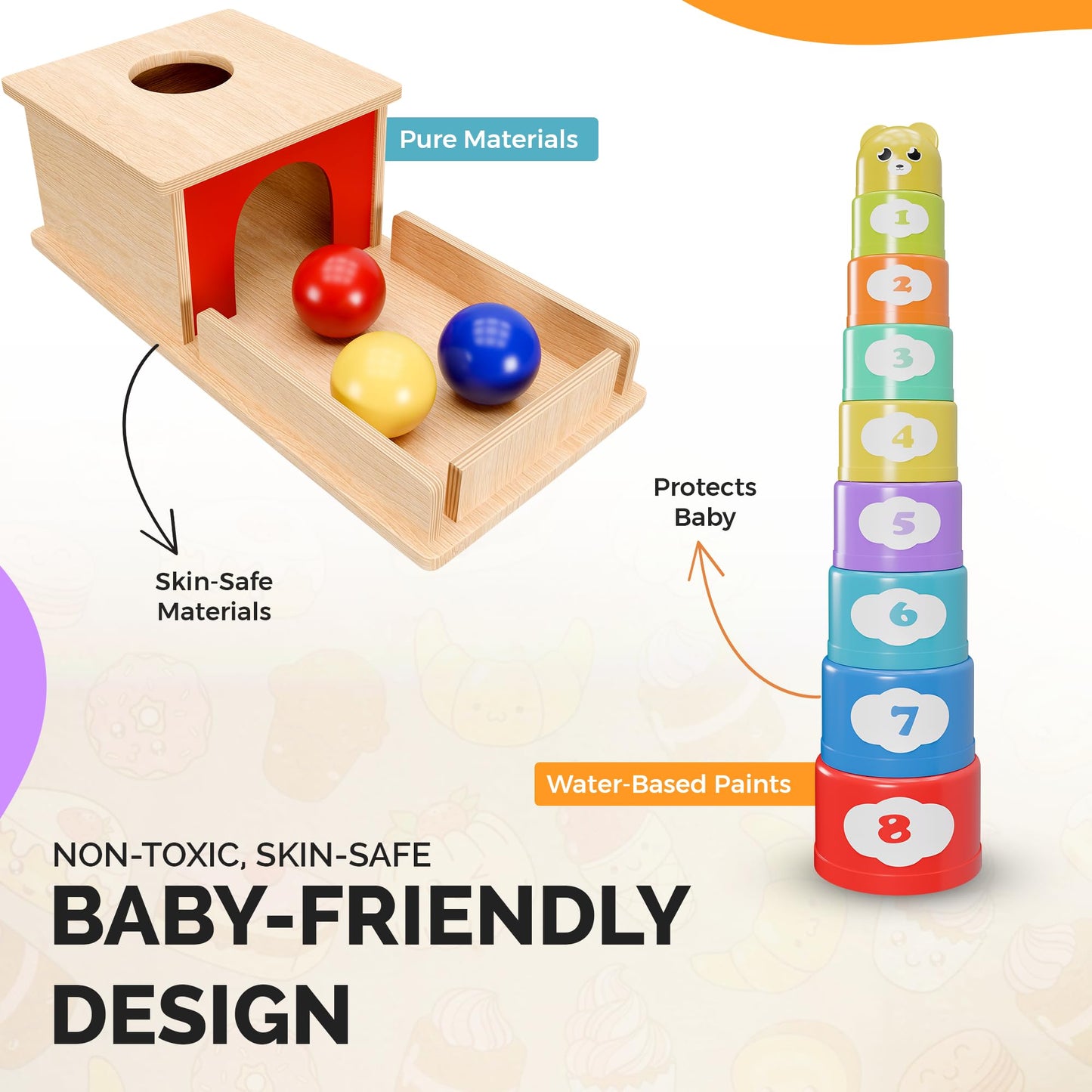 SmileyBubs Montessori Baby Toys 7–9 Months, Developmental Tools for 7+ Month Babies, Baby Sensory Toys - A Sliding Box, Mirror Puzzle, Stacking Cups, Treasure Basket, Rain Stick, Animal Flashcards