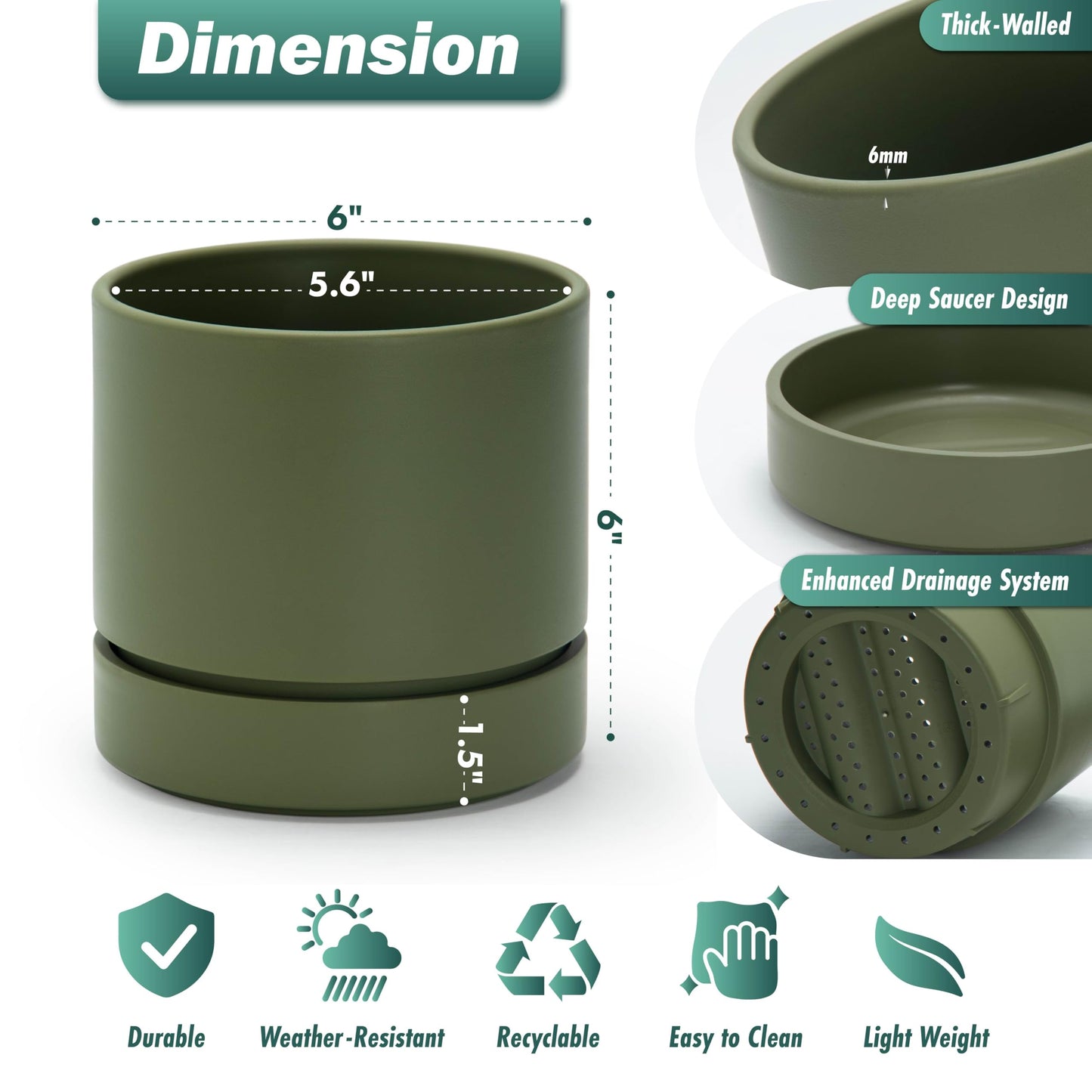 Phoenix Vine 6 Inch Planter Pot with Drainage Hole & Saucer, Deep Water Catch Tray, Straight Cylindrical Round Pot for Plants, Olive, Pack of 1, 23-D-S-1
