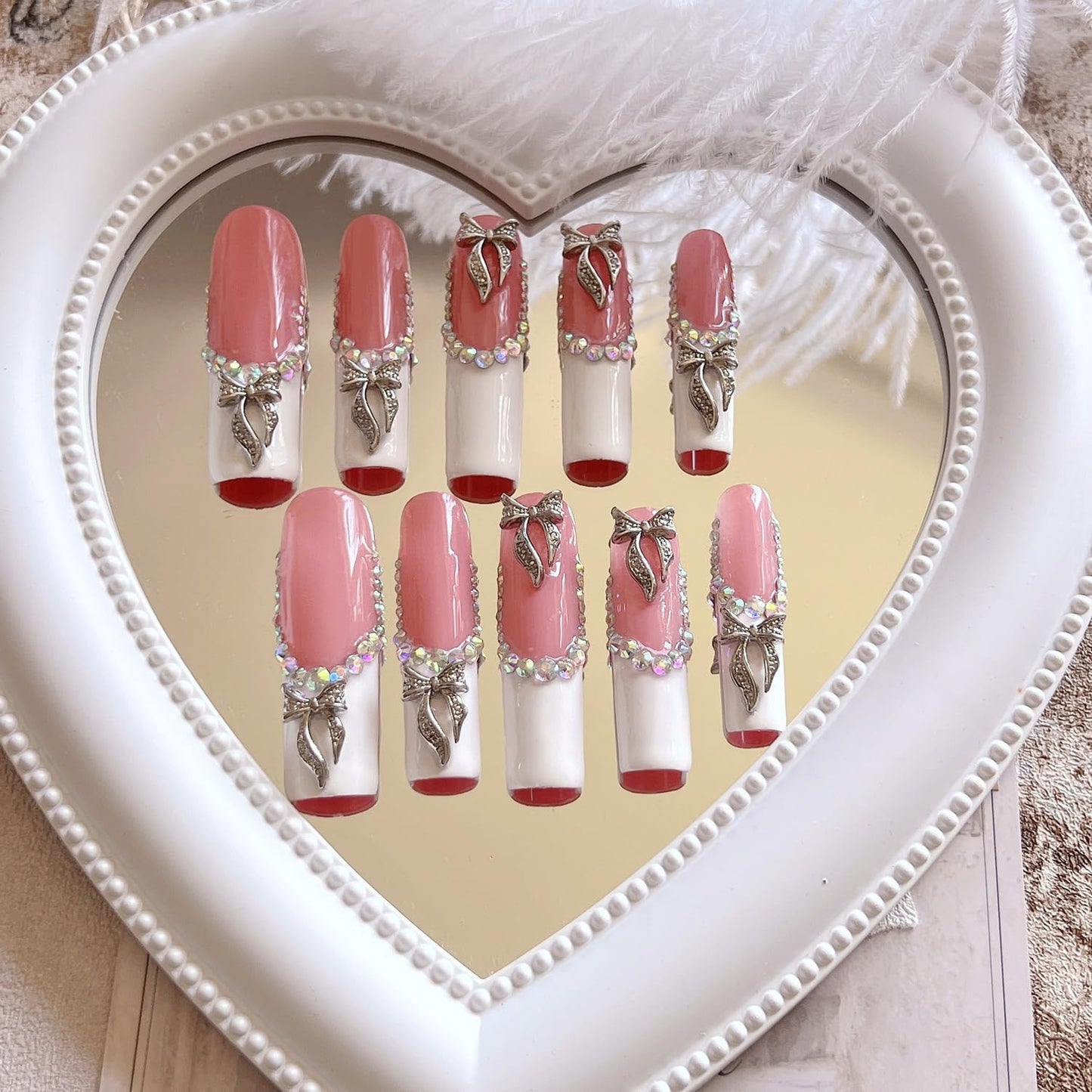 NAIL ANGEL 10PCS/SET Glamorous Handmade Press on nails Glitter Rhinestone with Metal 3D Bow Charms Long Coffin Nails Party Nails XXL Long Artifical Tips ZJ-08 (Multi-Color, ZJ-08-S)