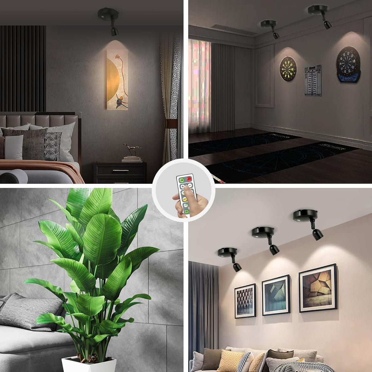 Cordless Spotlight Battery Operated, LED Plant Light, Dimmable Accent Light with Remote, Indoor Display Up Lighting for Picture Photo Tree Dartboard Wall Decor Painting Artwork Portrait