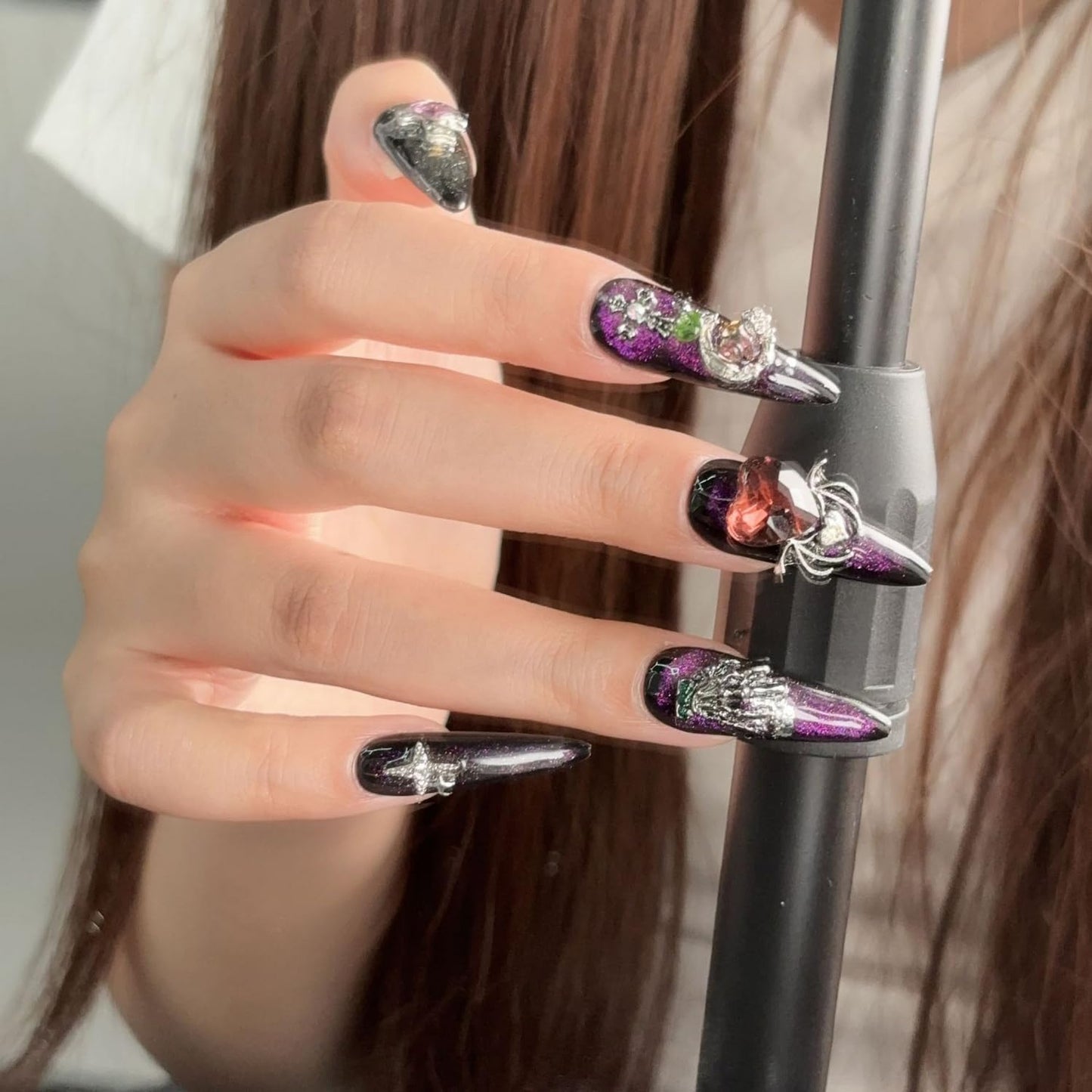 Handmade Press on Nails Medium Almond Fake Nail Halloween 3D Spider and Silver Spider Web Designs Black French Tip Stick on Nails Red Heart Thick False Nails for Women (S)