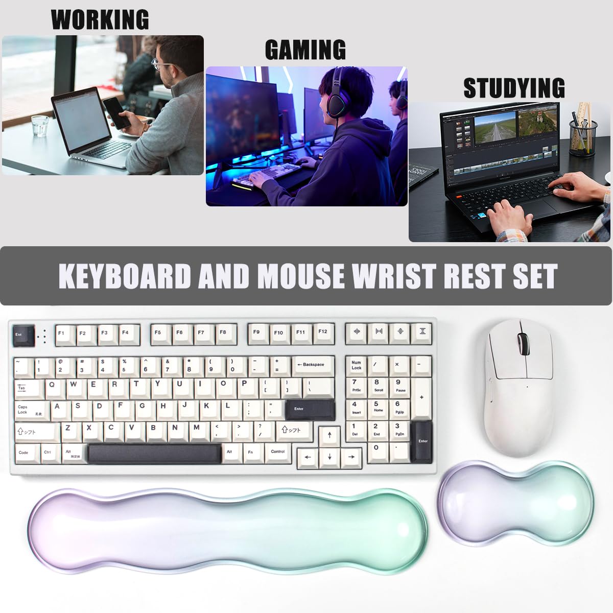 Gel Keyboard and Mouse Wrist Rest Set – Clear Wrist Rest for Computer Keyboard 60%/68%/75%, Comfort & Support for Typing and Gaming(Purple Green)