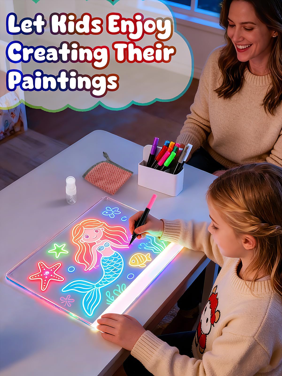 Light Up Led Drawing Board for Kids - Rechargeable 9.8"x13.8" Acrylic Led Note Board with 7 Colors & 4 Modes, Doodle Boards for Art Toys, Birthday Gifts for Grandkids