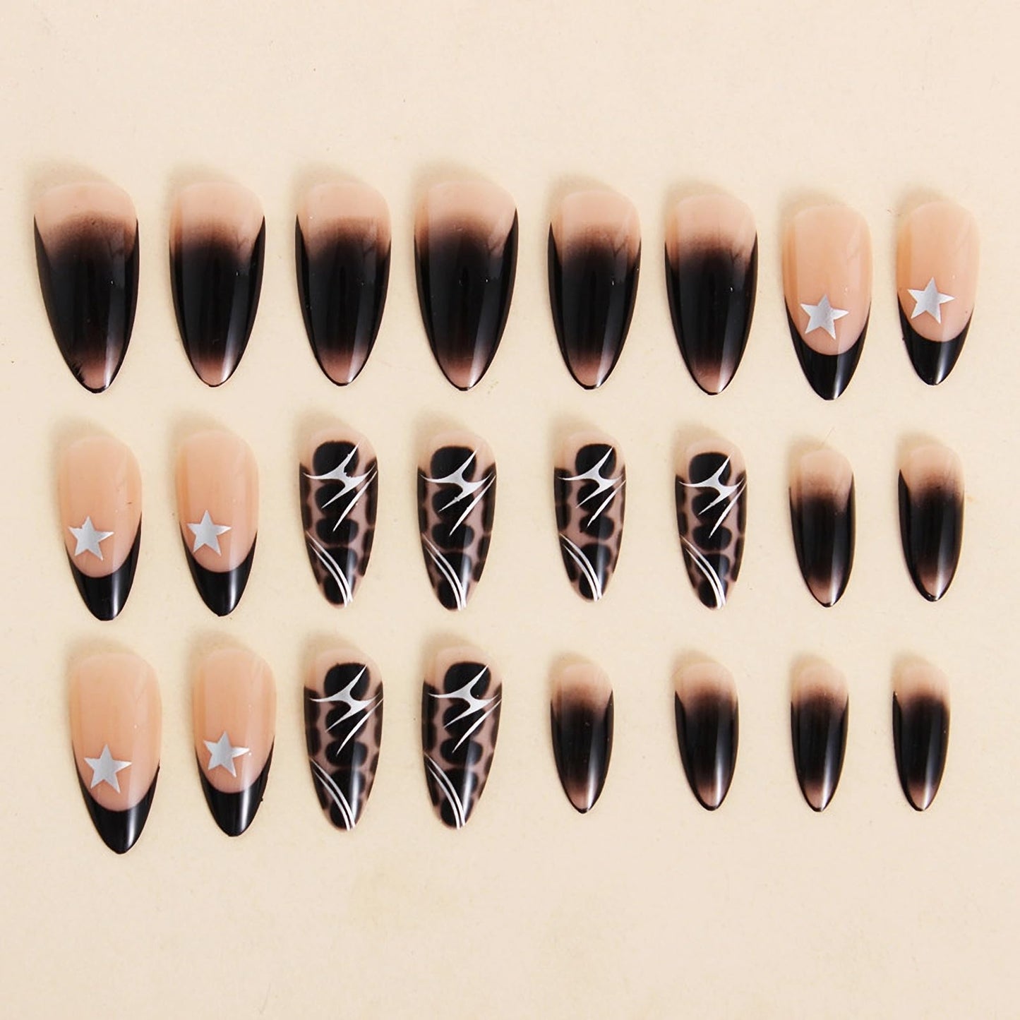 MISUD Press on Nails - Medium Almond Glue on Nails with Goth Black, Acrylic Silver Chrome Design 24 pcs