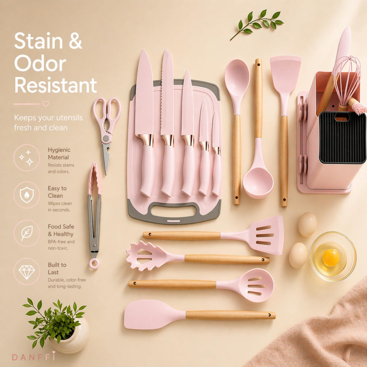 19-Piece Pink Kitchen Set for First Apartment - Complete Silicone Cooking Utensils with Wooden Handles, Pink Knife Set, Cutting Board & Holder - All-in-One Kitchen Starter Kit for New Home, BPA-Free