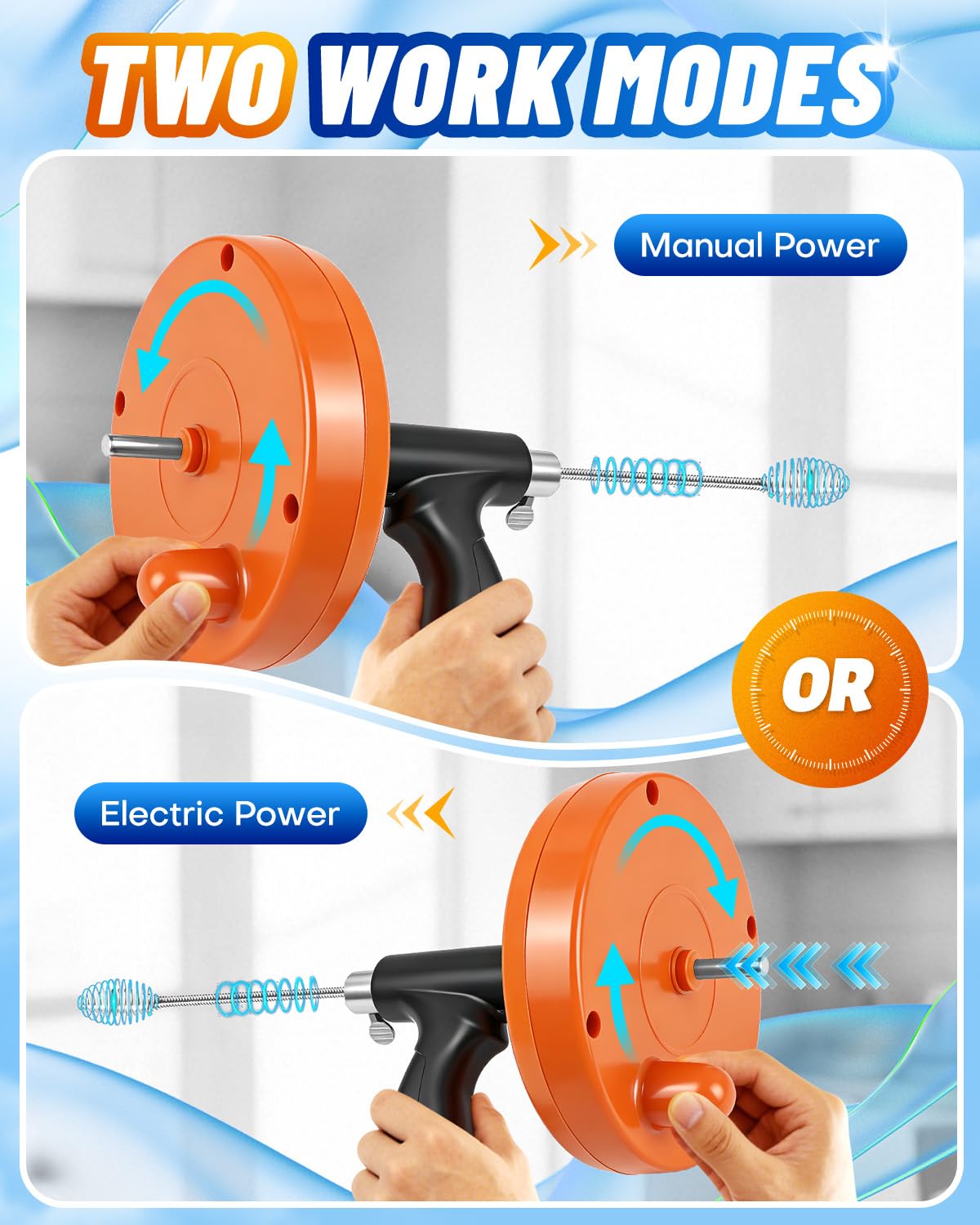 Maraiss Drain Auger, 25FT Drain Snake with Drill Adapter, Flexible Plumbing Snake Clog Removal Tool with Gloves & Cloth Bag, Use Manually or Powered for Kitchen Bathroom Shower Sink
