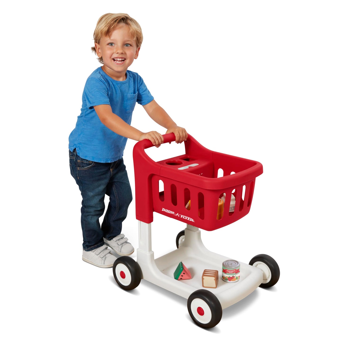 Radio Flyer Scan & Sort Shopping Cart, Red, for Kids 1+, Interactive Baby Walker with Lights & Adjustable Sound, Includes 6 Play Food Items, Adjustable Height Baby Push Walker, for Indoor Play