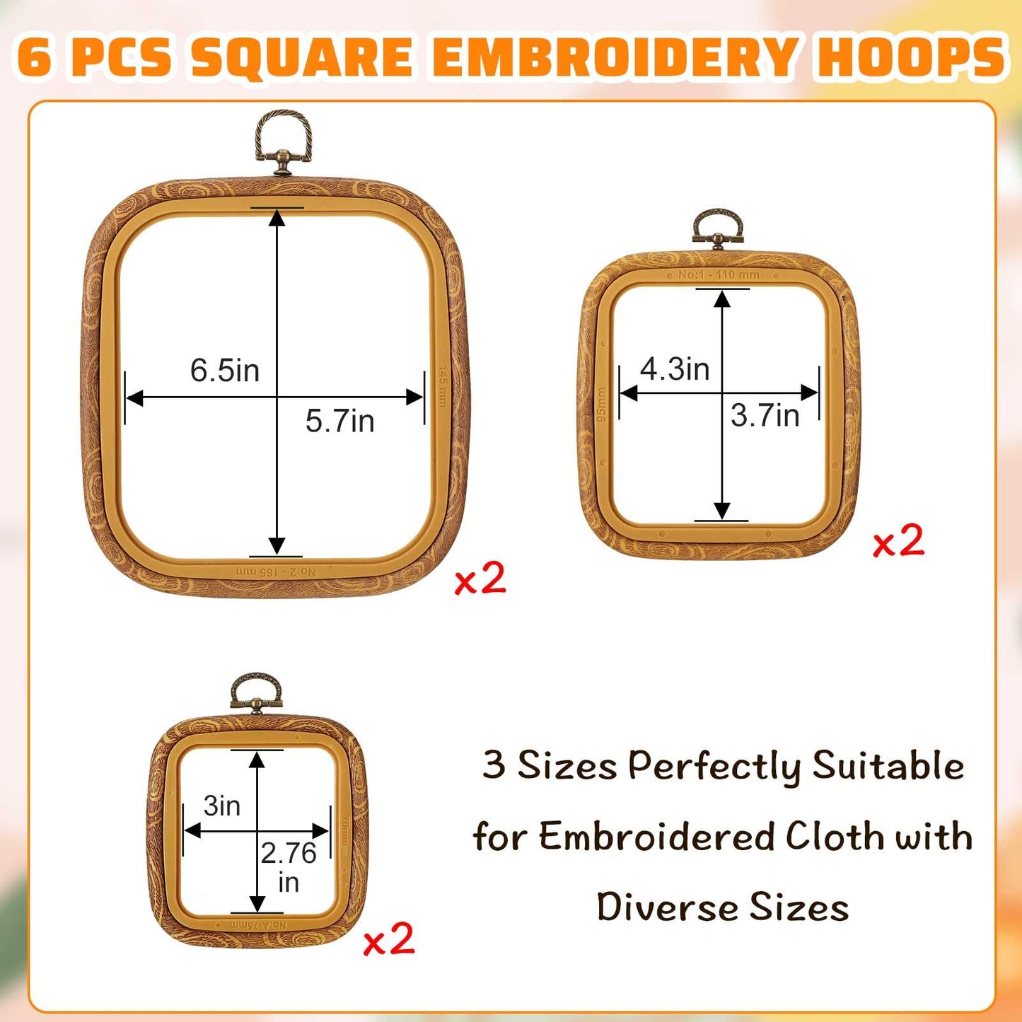 Qunclay 6 Pcs Square Embroidery Hoop Frame 3 Sizes Cross Stitch Display Hoops Ring for Art Craft DIY Sewing and Hanging Ornaments Decor