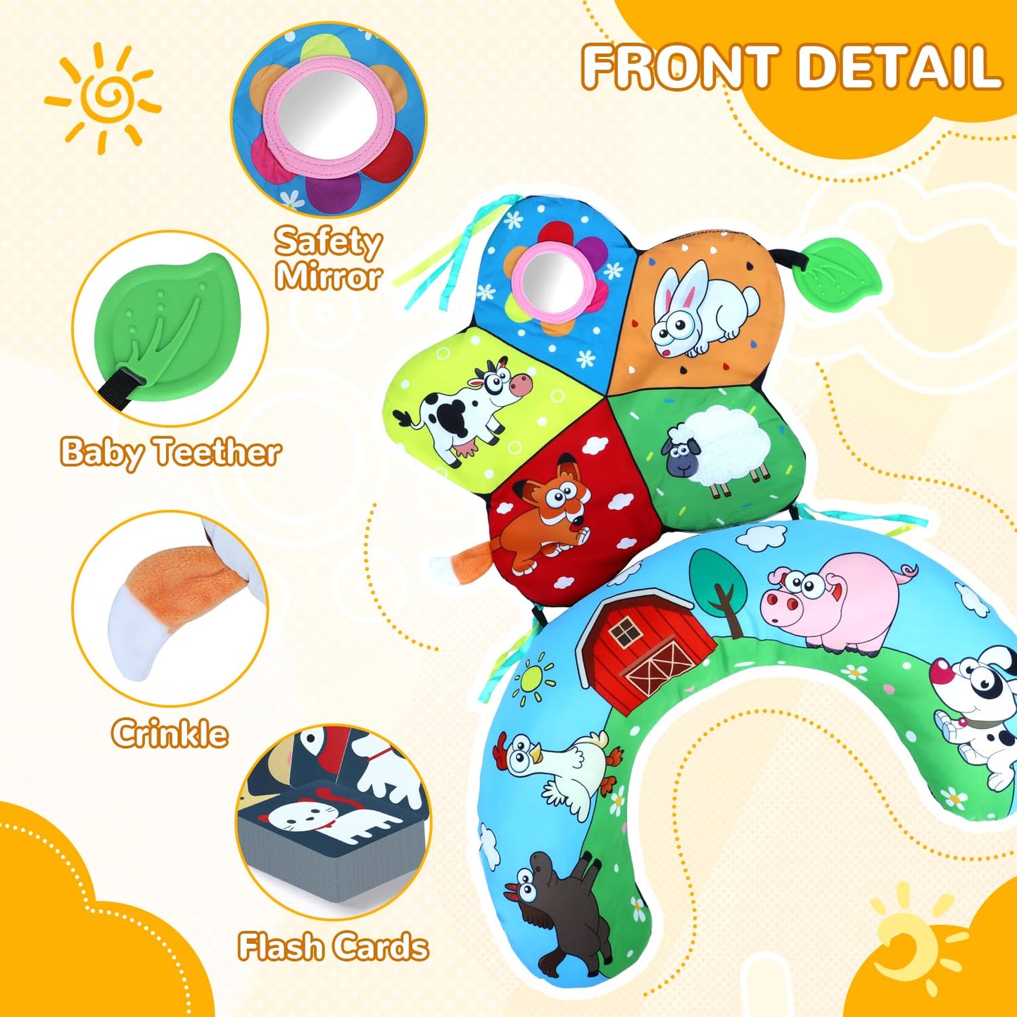Tummy Time Pillow, High Contrast Tummy Time Mat with Black & White Flash Cards, Double-Sided Tummy Time Cushion with Mirror & Teether Sensory Toys, Baby Toys for Infant Newborn 0-12 Months Babies