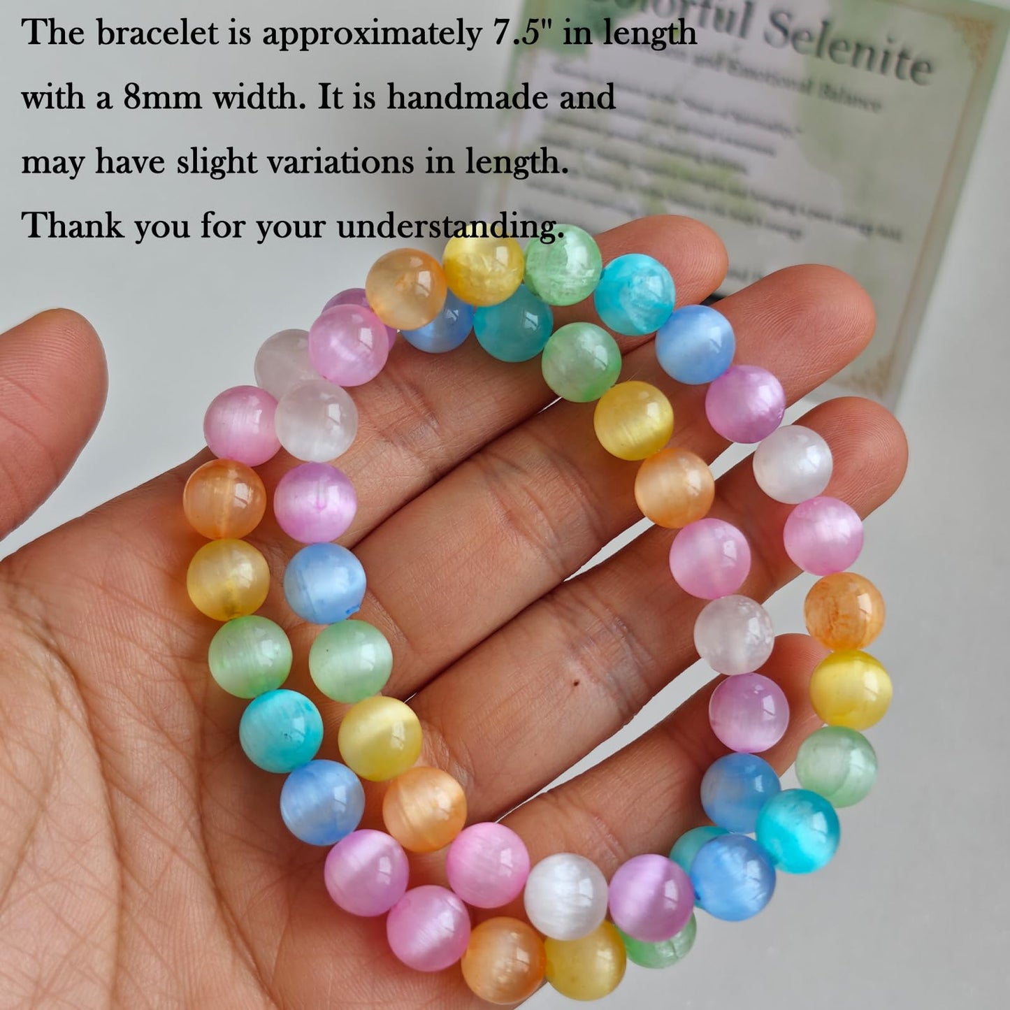 Handmade Natural Gemstone Elastic Bracelet - Healing Crystal Beads Jewelry, Unisex (Colourful Selenite, 8mm)