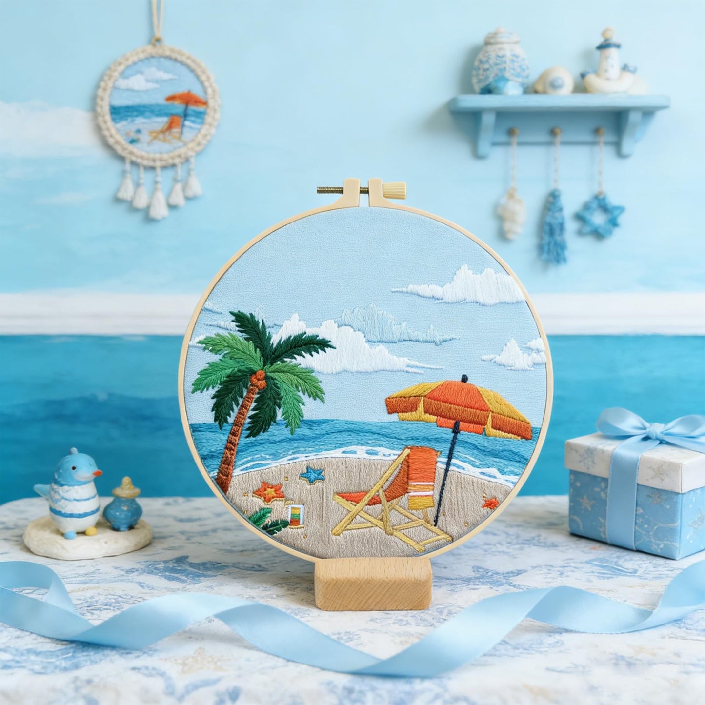 ElasignShopo Ocean Embroidery Kit for Beginners Adults, Easy Cross Stitch Kit Spring Summer Beach Ocean Pattern Embroidery Starter Kits with Wooden Hoop Needles Threads Display Stand and Instruction