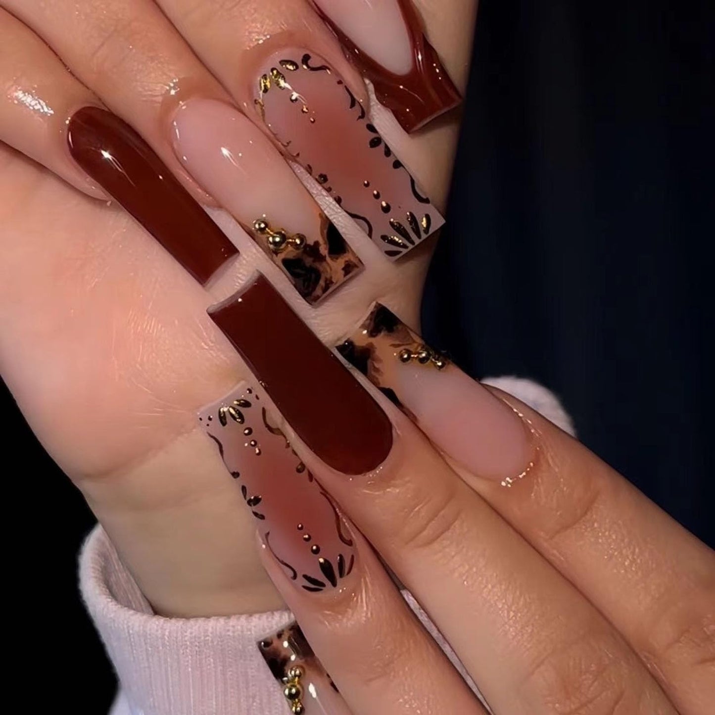 IMSOHOT Fall Press on Nails Long Square Fake Nails Brown Ombre French Nail Tips Chrome Golden Full Cover Acrylic Glue on False Nails for Women
