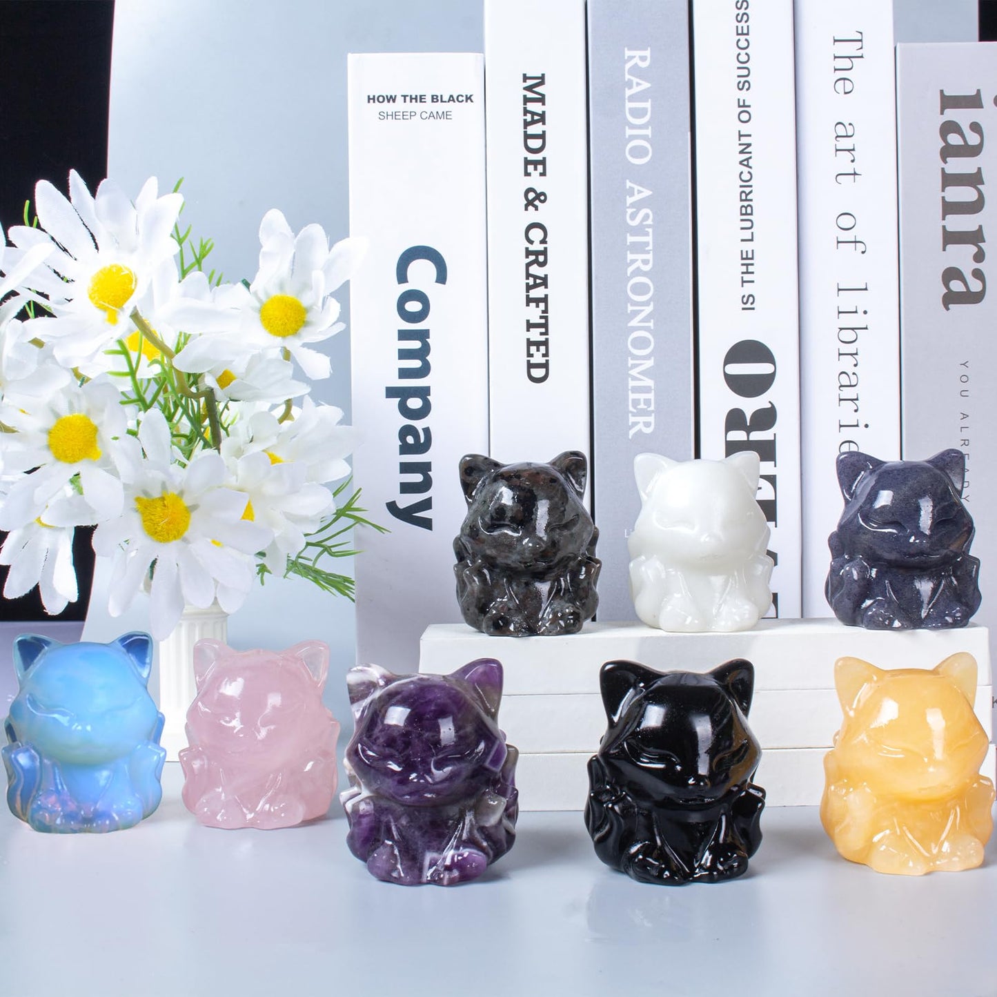 QLRSUXN Opalite Nine Tailed Fox Decor,2 Inch Healing Crystals Fox Statue,Lucky Guardian Pocket Fox Figurines as Women’s Gifts,Fox Figurine for Office Home Decor and Ornament.