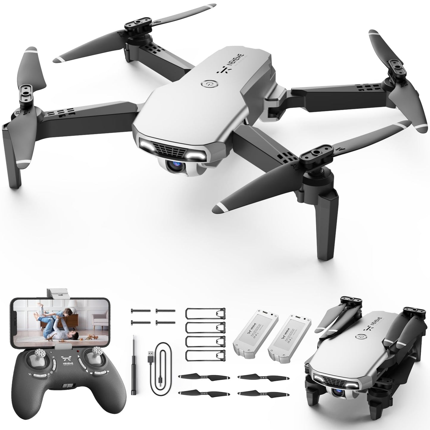 NEHEME Drones for Kids with Camera - Remote Control Helicopter Toys Gifts for Boys Girls, 1080P HD FPV RC Quadcopter for Adults, One Key Start/Land, Altitude Hold, Gravity Control, 2 Batteries, Silver