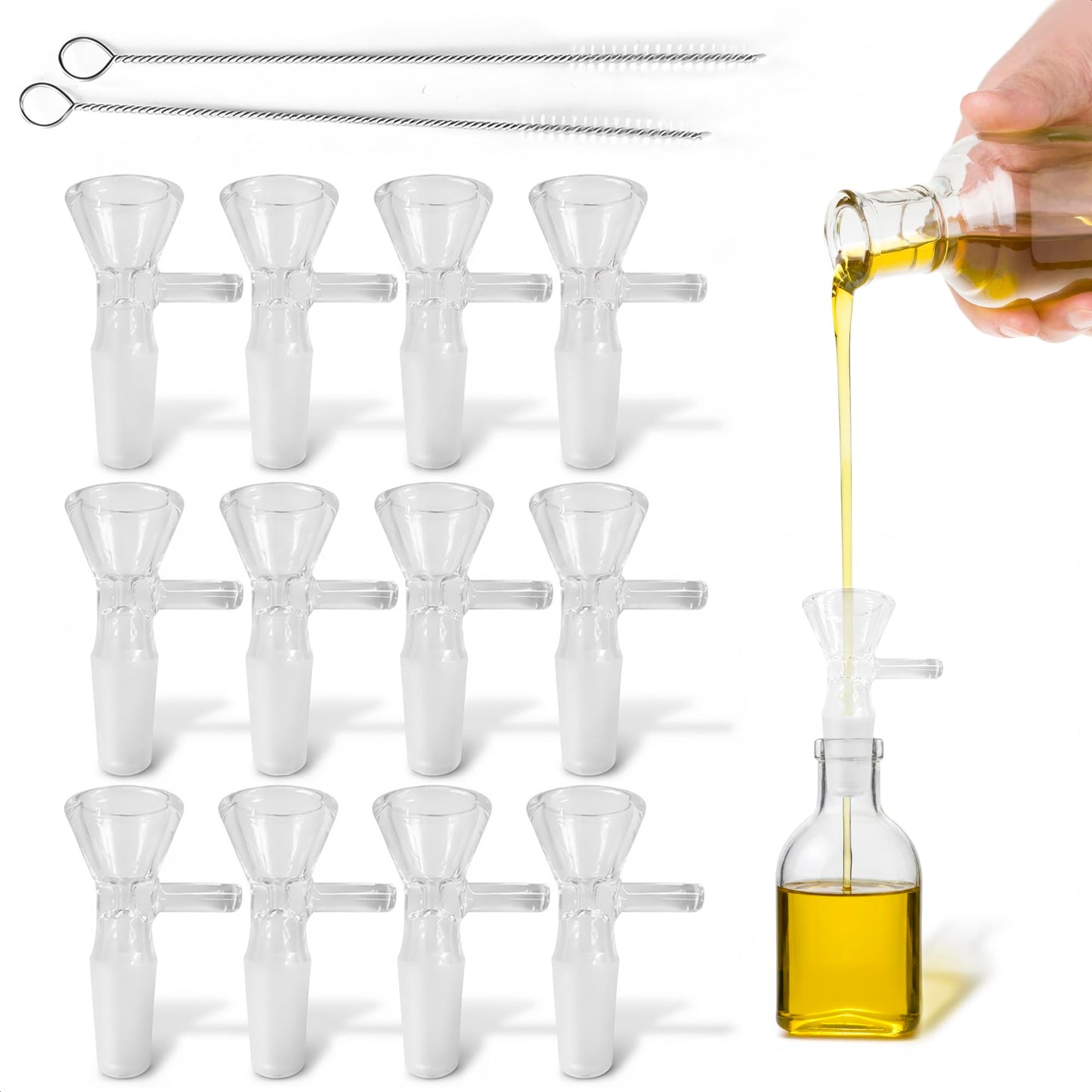 12-Pack 14mm Glass Funnel with Handle – Thick Spill-Resistant Clear Glass Funnels for Liquids and Oils – Easy Pouring, Ergonomic Handle for Kitchen & DIY Projects | 2 Cleaning Brushes for Easy Clean