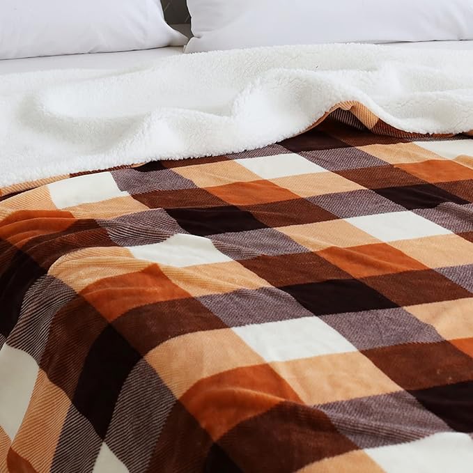 SOCHOW Buffalo Plaid Sherpa Fleece Throw Blanket, Double-Sided Checkered Super Soft Luxurious Bedding Blanket 50 x 60 inches, Orange