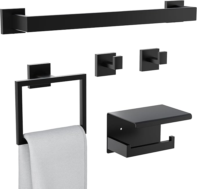 5-Pieces Bathroom Hardware Set, SUS304 Stainless Steel Wall Mounted 16 Inch Towel Bar, Toilet Paper Holder, Towel Hooks, Bathroom Towel Bar Set (Matte Black (Type 2), 5 Piece-16 inch)