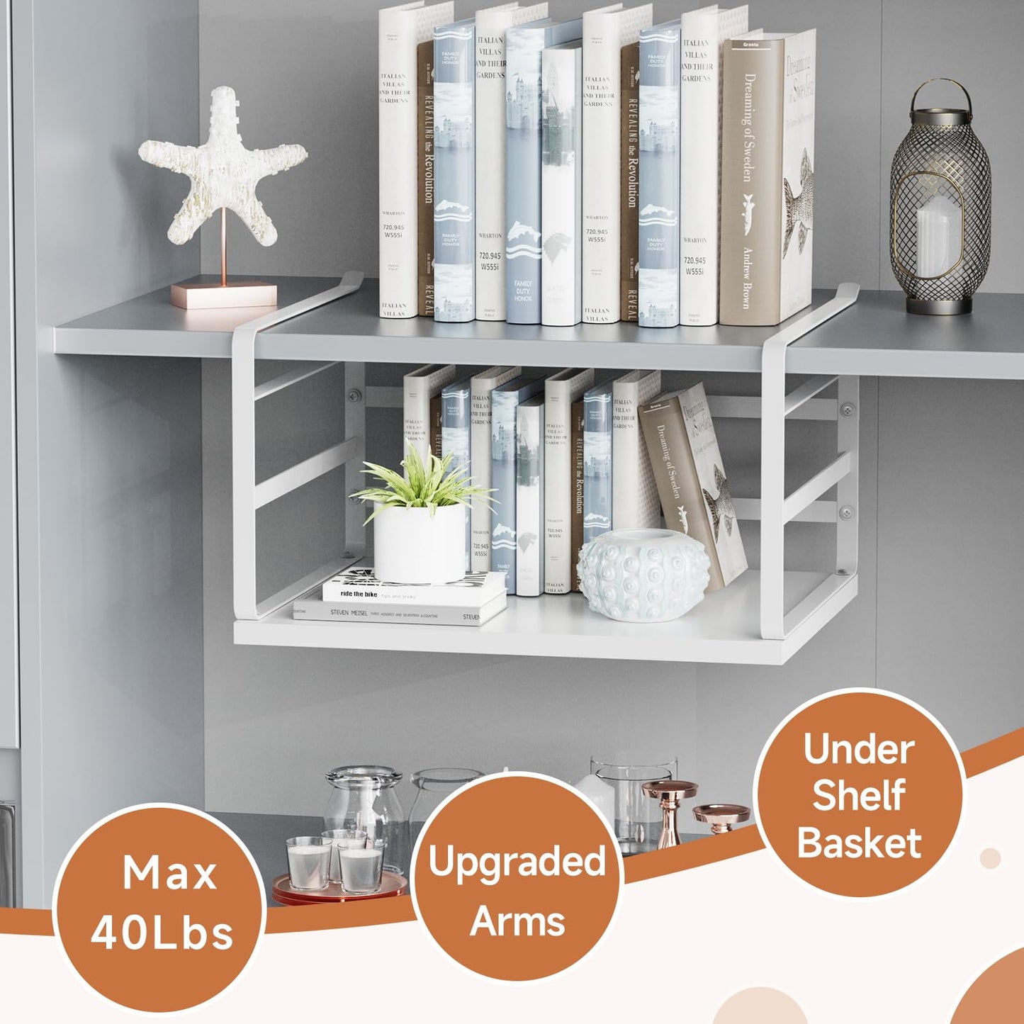 PEKGRIL 2 Pack Large Under Shelf Basket, White Undershelf Storage Basket, Heavy Duty Slide-in Hanging Storage Basket, Metal Under Cabinet Organizer for Kitchen, Pantry, Desk, Bookshelf, Cabinet