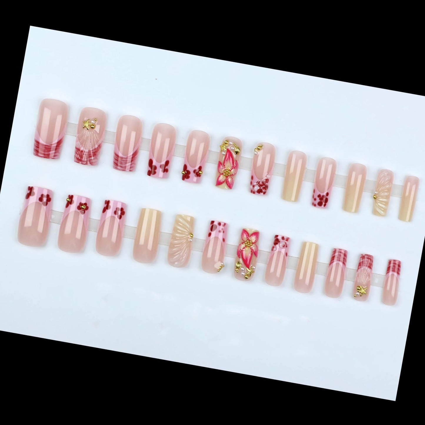 BABALAL Long Square Press on Nails - Pink French Tip Yellow Chrome 3D Texture Flower with Gold Charm Summer Handmade Full Cover Acrylic Squoval Nails 24 Pieces