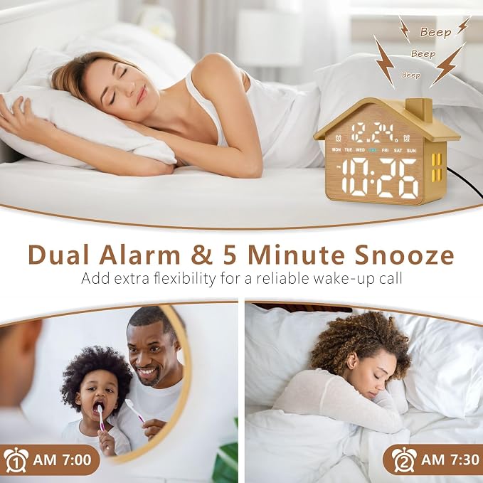 Plumeet Wooden Digital Alarm Clock, Bedroom Clock with Large Numbers, Date, Week, Dual Alarms, Dimmer and Ambient Light, House-Shaped Electric Bedside Desk Clock, Adapter Batteries Powered