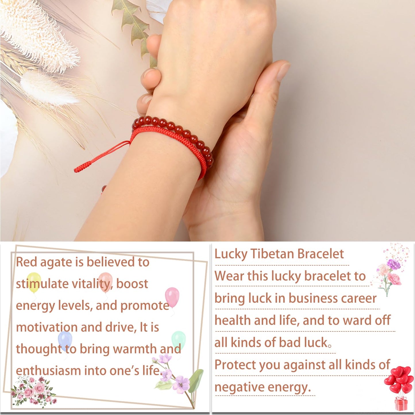LPBeads 6mm Red Carnelian Bracelet with Handmade Rope Bracelet Size Adjustable Natural Stone Crystal Healing Bracelets Gifts for Unisex Adults
